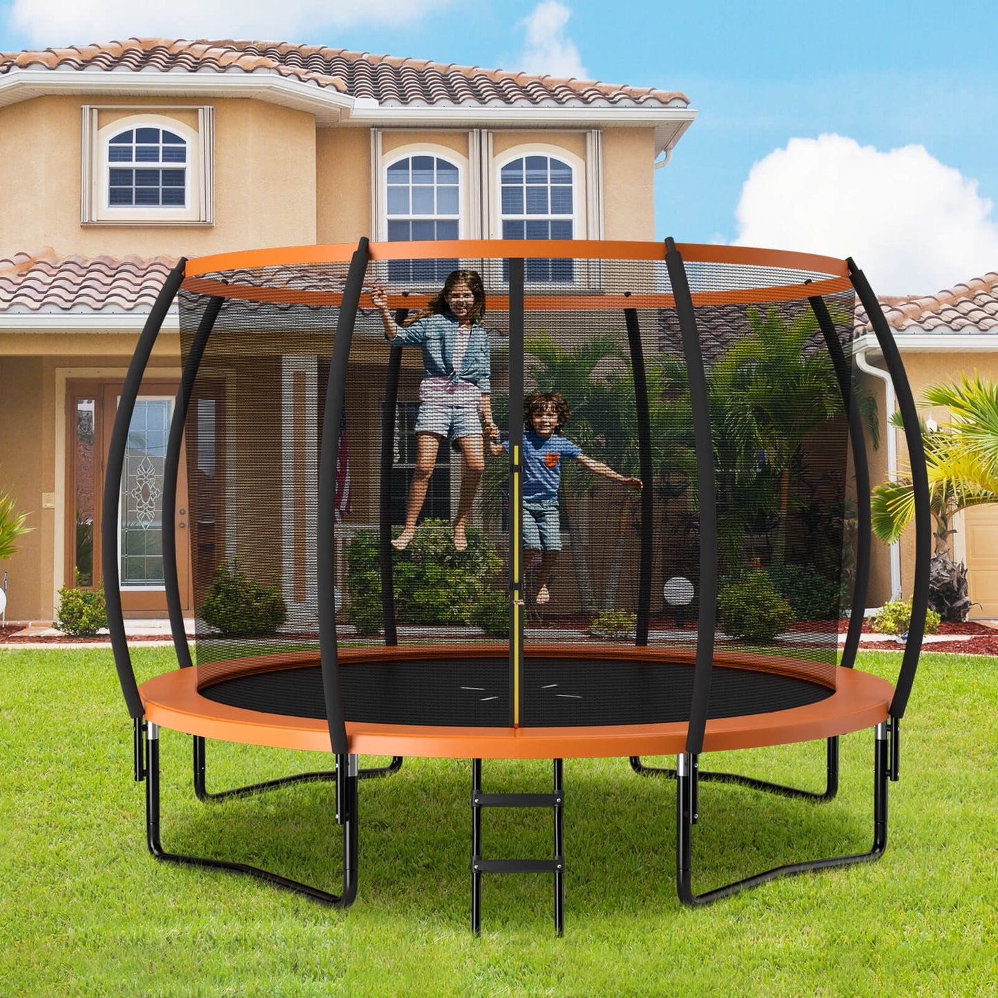 12FT ASTM Approved Recreational Trampoline with Ladder-Orange Kids Crystal