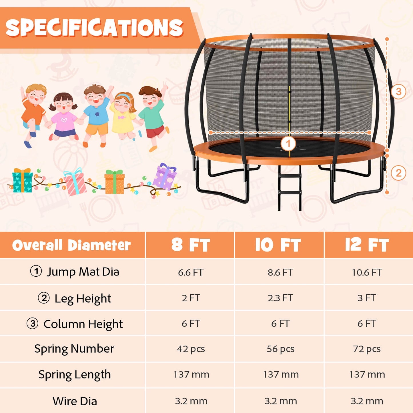 12FT ASTM Approved Recreational Trampoline with Ladder-Orange Kids Crystal