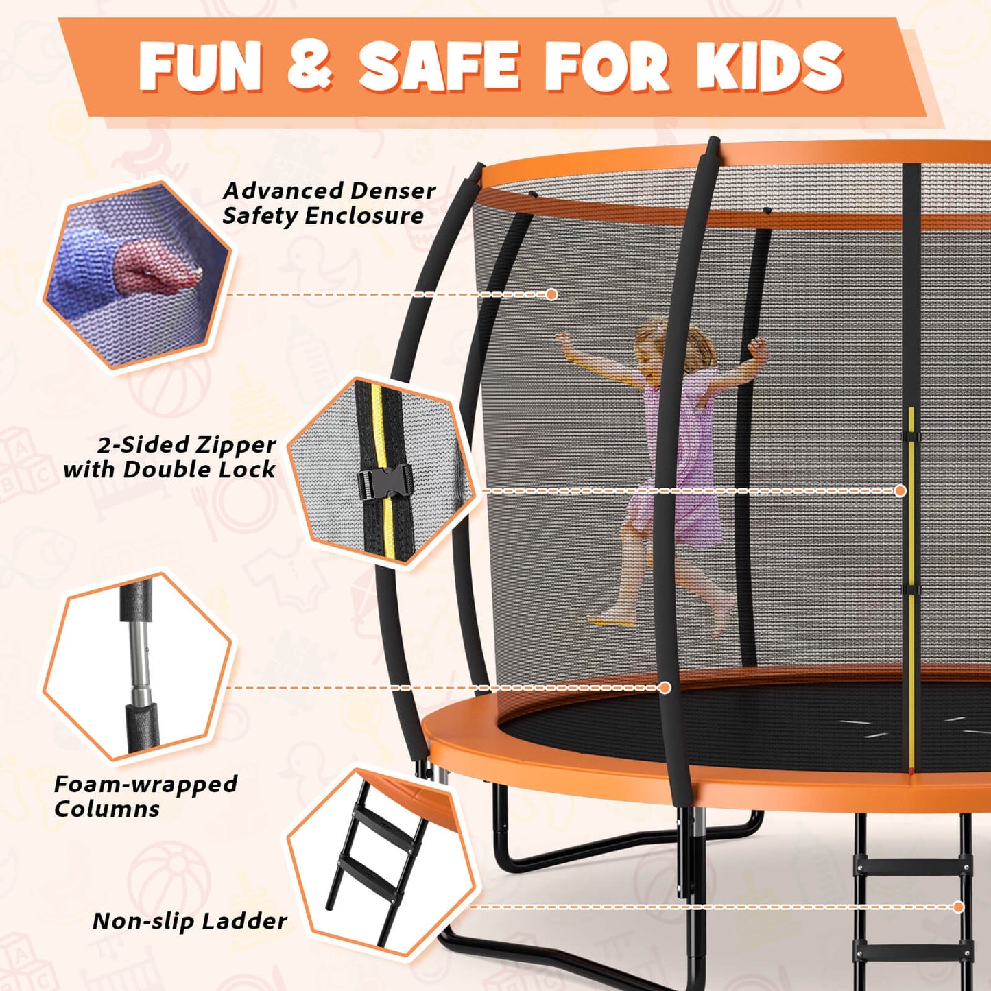 12FT ASTM Approved Recreational Trampoline with Ladder-Orange Kids Crystal