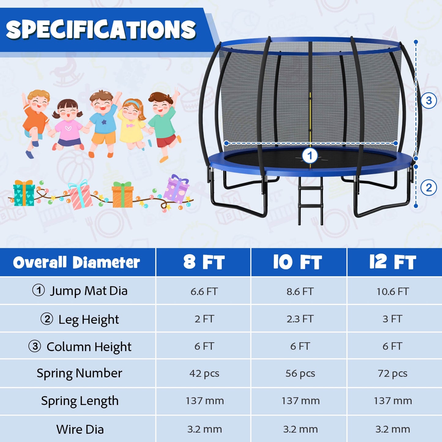 12FT ASTM Approved Recreational Trampoline with Ladder-Blue Kids Crystal