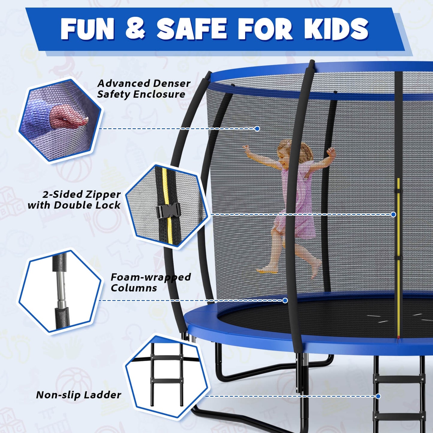 12FT ASTM Approved Recreational Trampoline with Ladder-Blue Kids Crystal