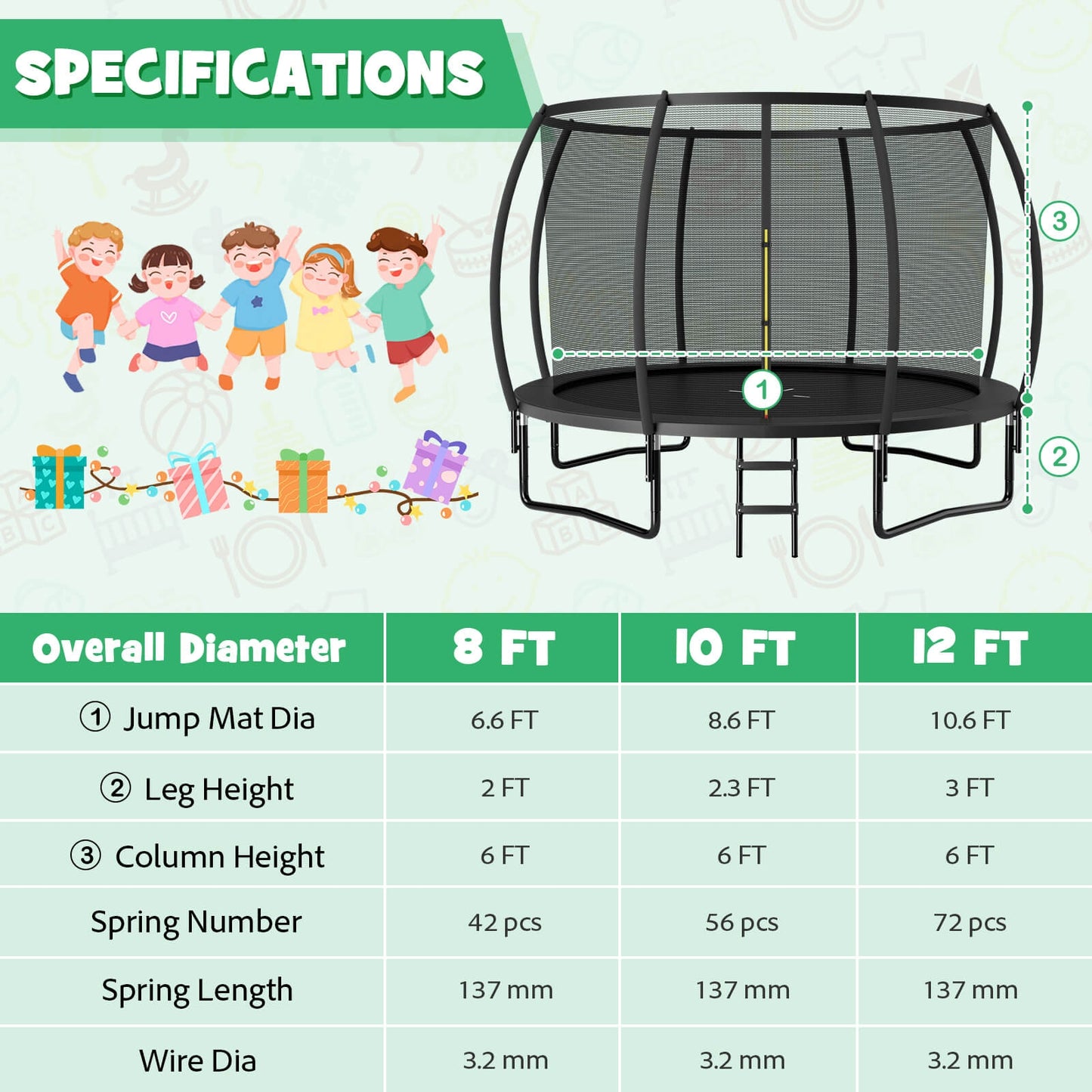 12FT ASTM Approved Recreational Trampoline with Ladder-Black Kids Crystal
