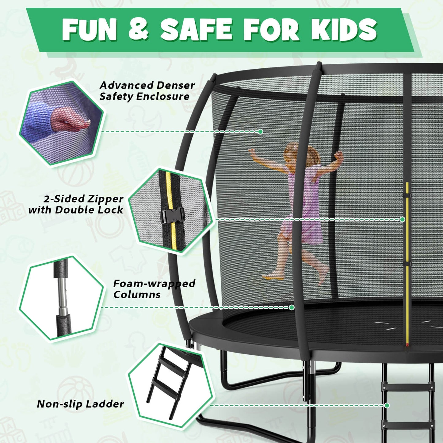 12FT ASTM Approved Recreational Trampoline with Ladder-Black Kids Crystal