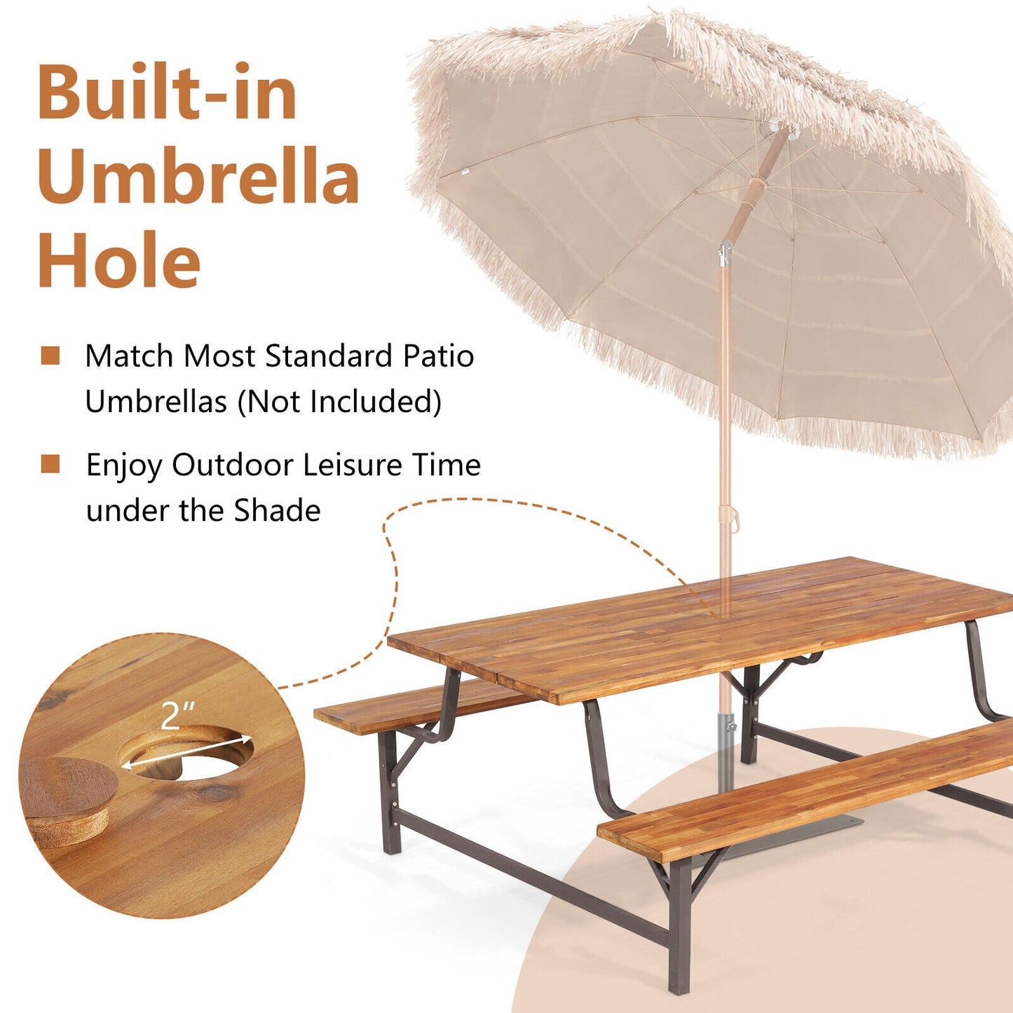 6-Person Outdoor Picnic Table and Bench Set with 2 Inch Umbrella Hole Kids Crystal