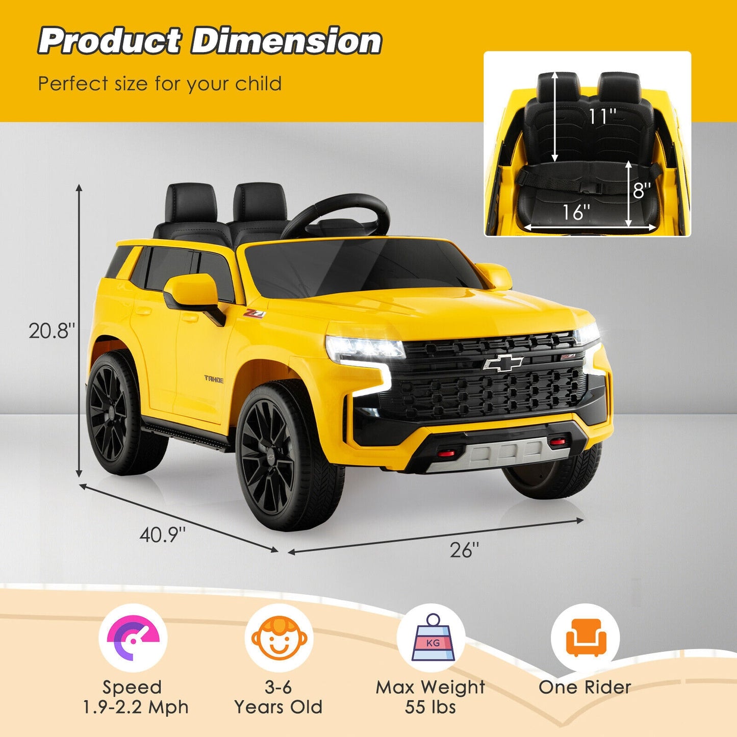 12V Kids Ride on Car with 2.4G Remote Control-Yellow Kids Crystal