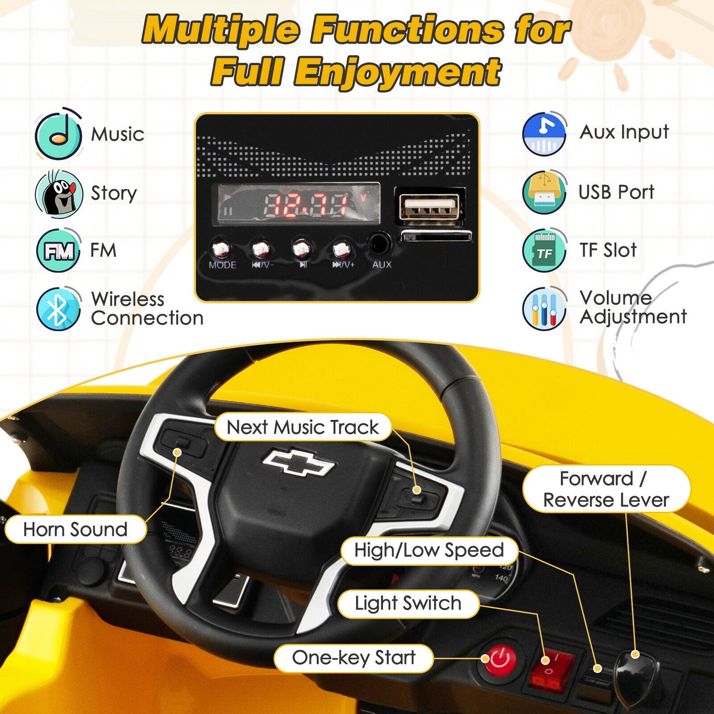 12V Kids Ride on Car with 2.4G Remote Control-Yellow Kids Crystal