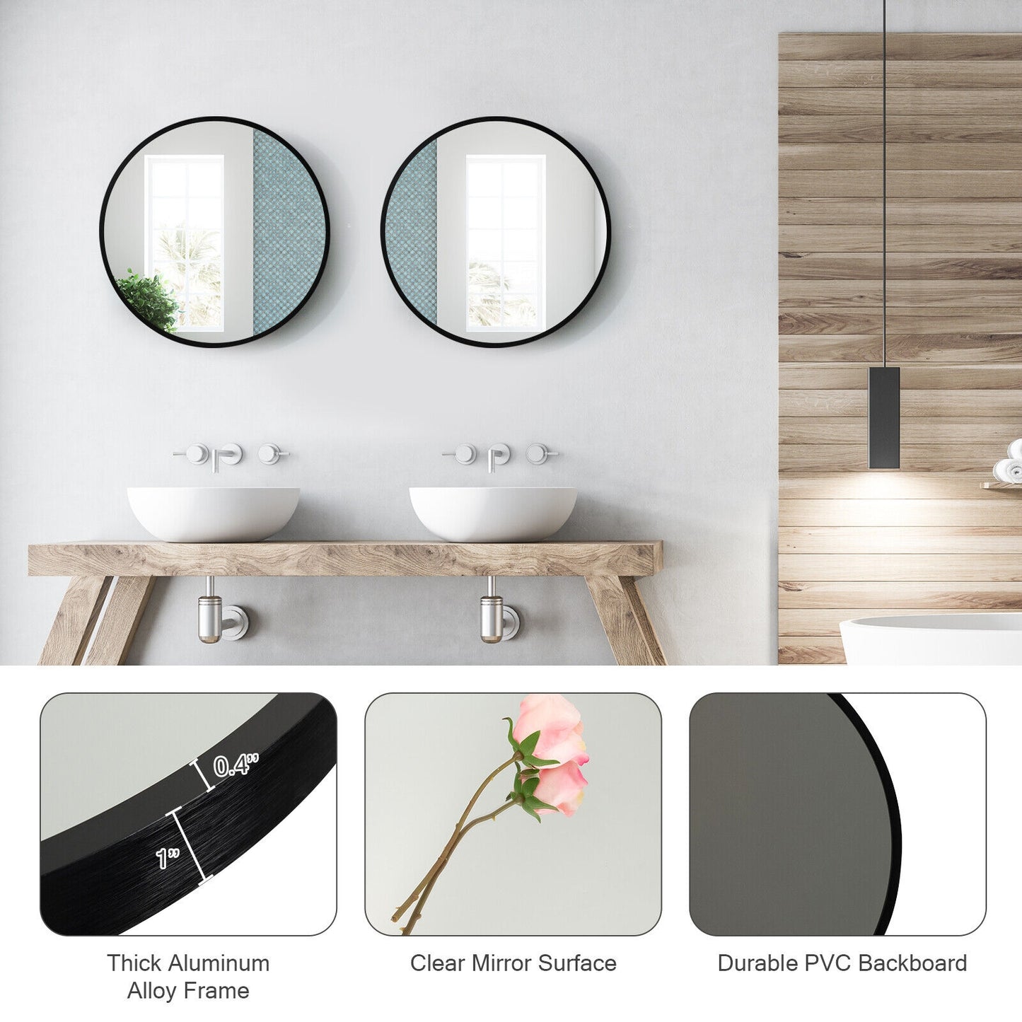16-inch Round Wall Mirror with Aluminum Alloy Frame-Black Kids Crystal