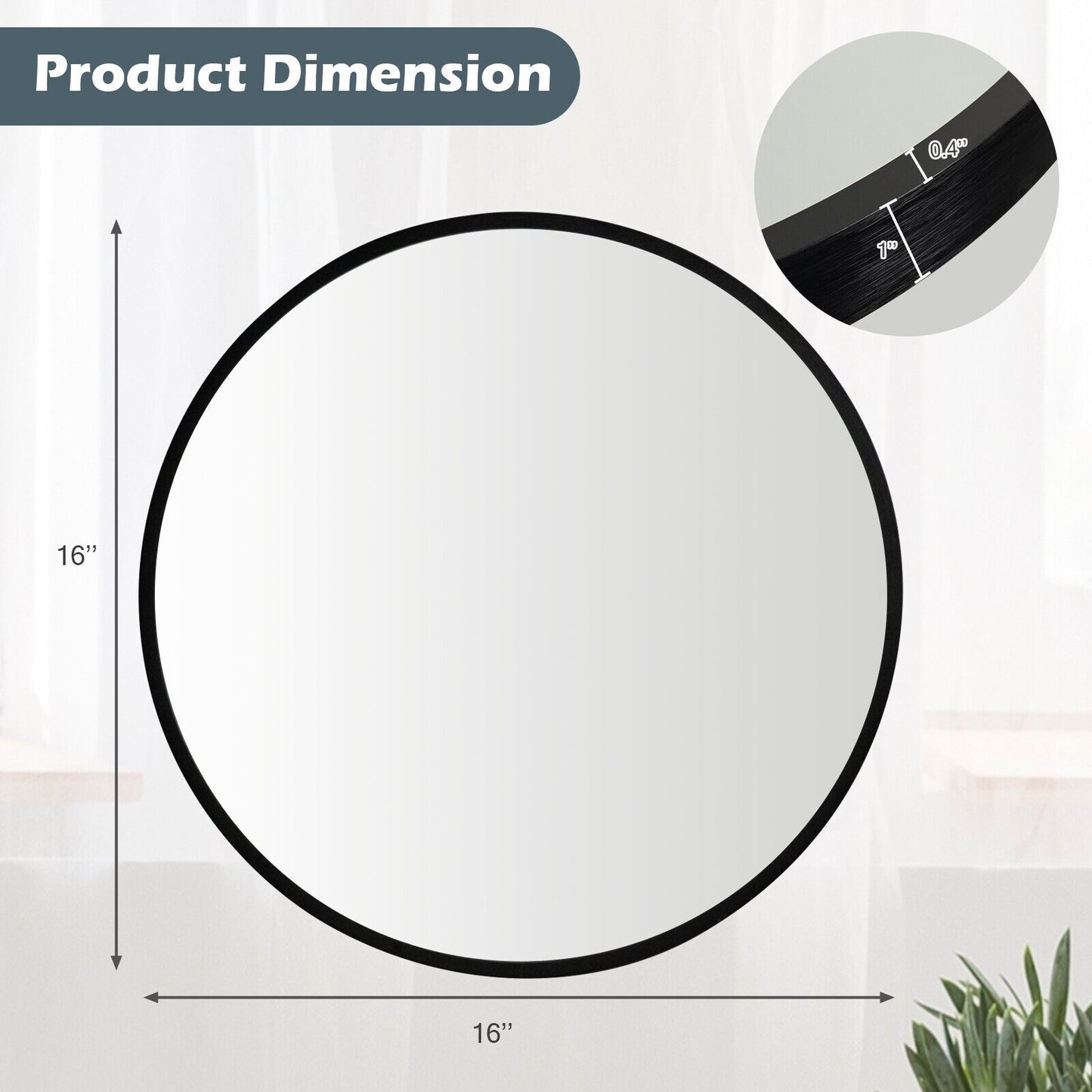 16-inch Round Wall Mirror with Aluminum Alloy Frame-Black Kids Crystal
