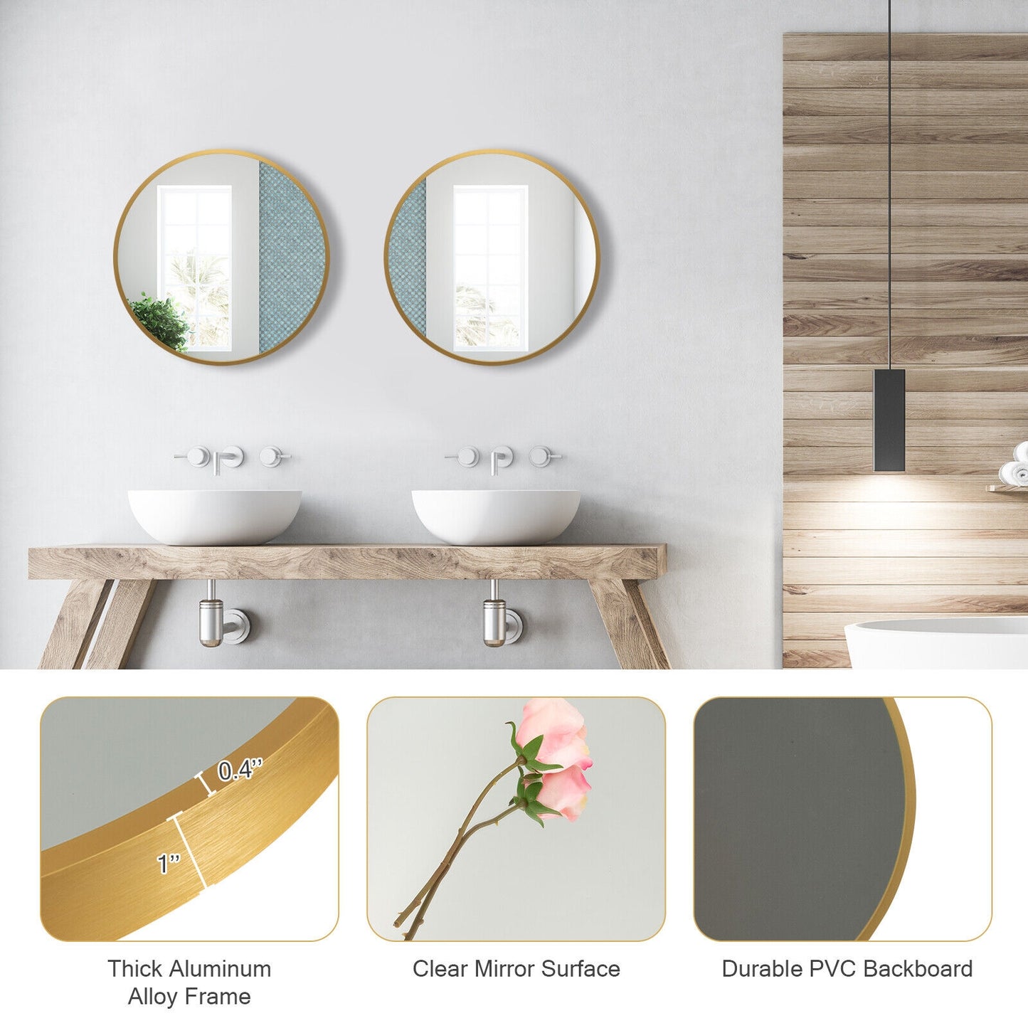 16-inch Round Wall Mirror with Aluminum Alloy Frame-Golden Kids Crystal