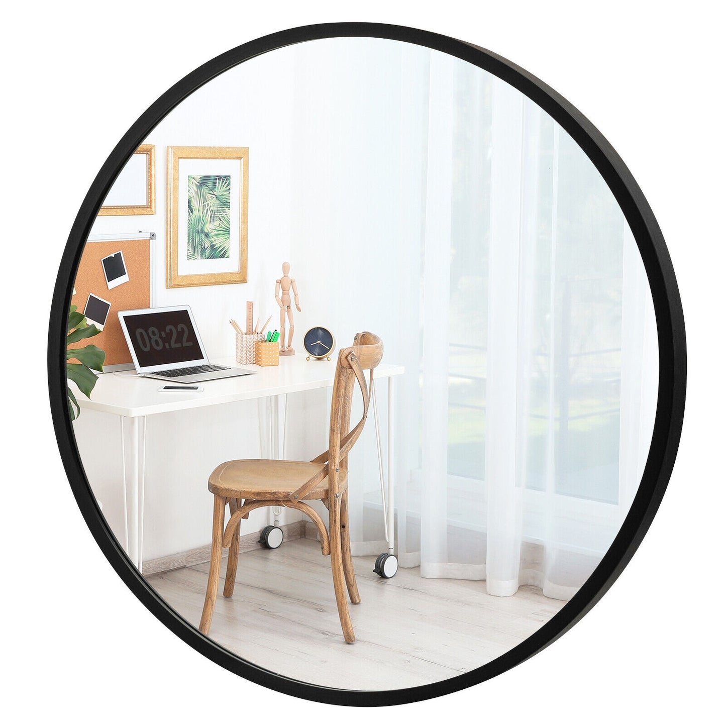 16-inch Round Wall Mirror with Aluminum Alloy Frame-Black Kids Crystal