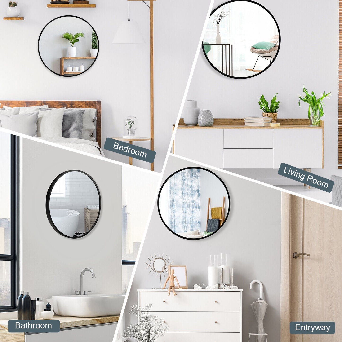 16-inch Round Wall Mirror with Aluminum Alloy Frame-Black Kids Crystal