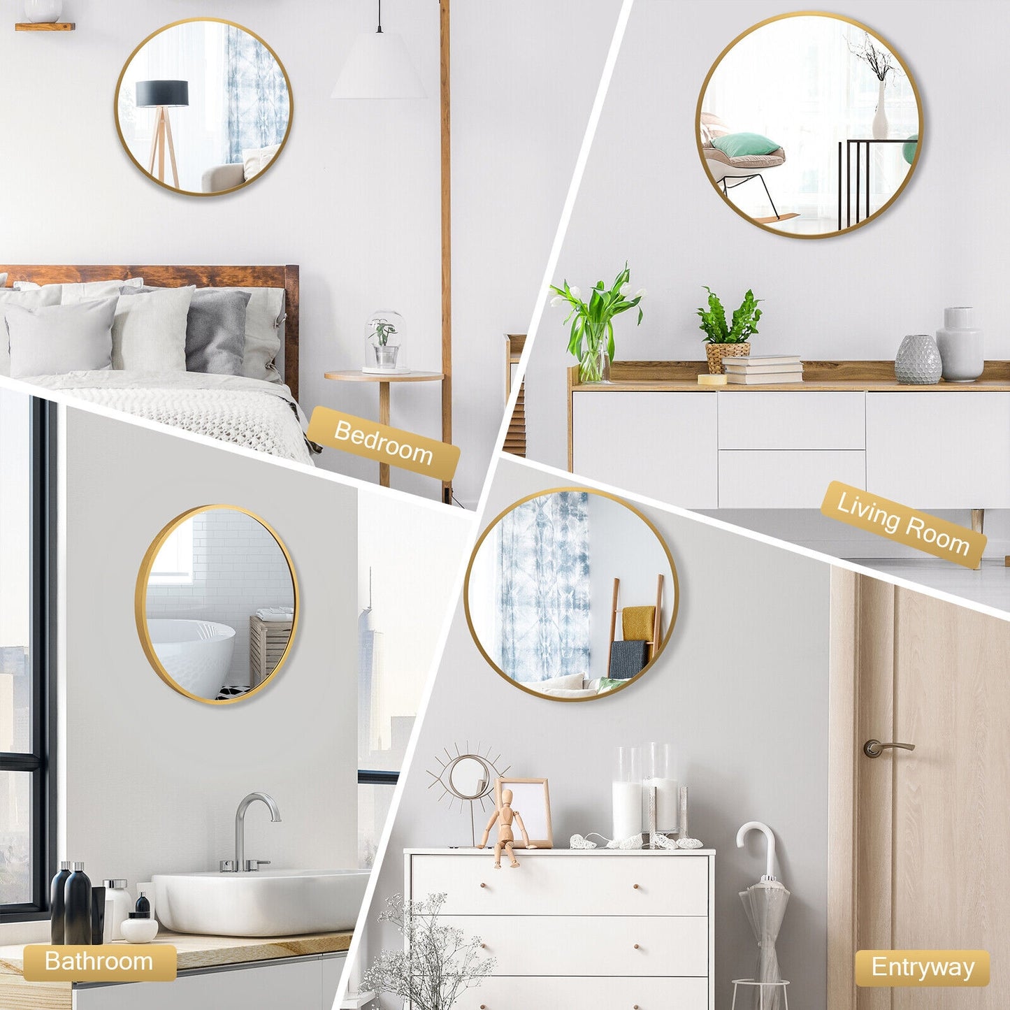 16-inch Round Wall Mirror with Aluminum Alloy Frame-Golden Kids Crystal