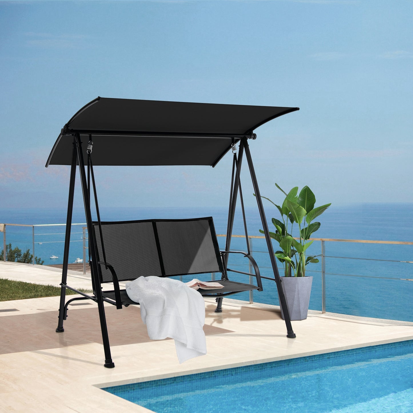 2-Seat Outdoor Canopy Swing with Comfortable Fabric Seat and Heavy-duty Metal Frame-Black Kids Crystal