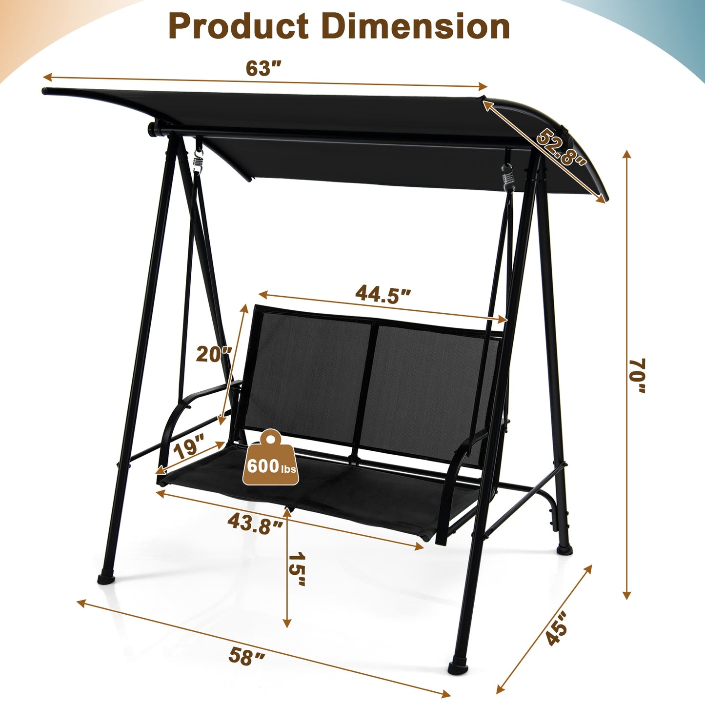 2-Seat Outdoor Canopy Swing with Comfortable Fabric Seat and Heavy-duty Metal Frame-Black Kids Crystal
