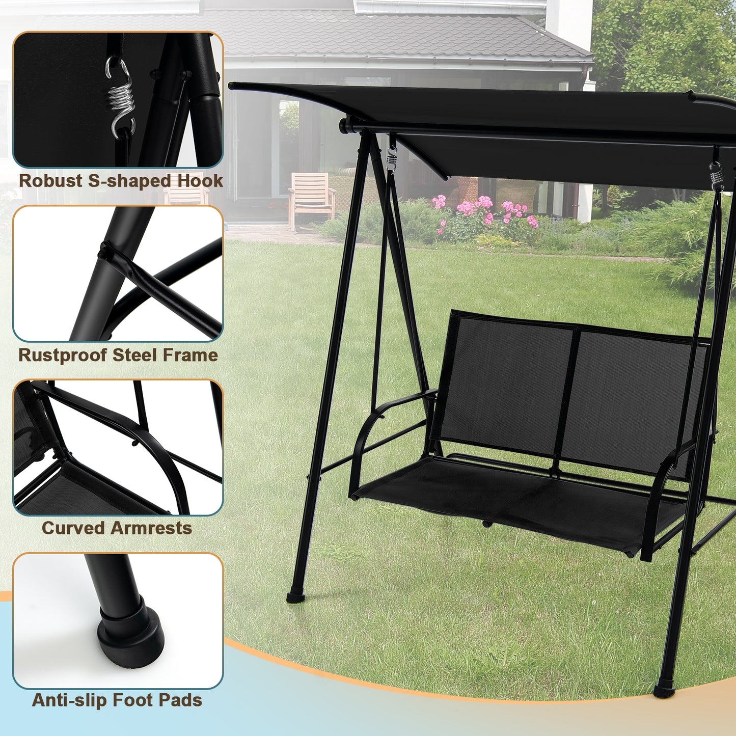 2-Seat Outdoor Canopy Swing with Comfortable Fabric Seat and Heavy-duty Metal Frame-Black Kids Crystal