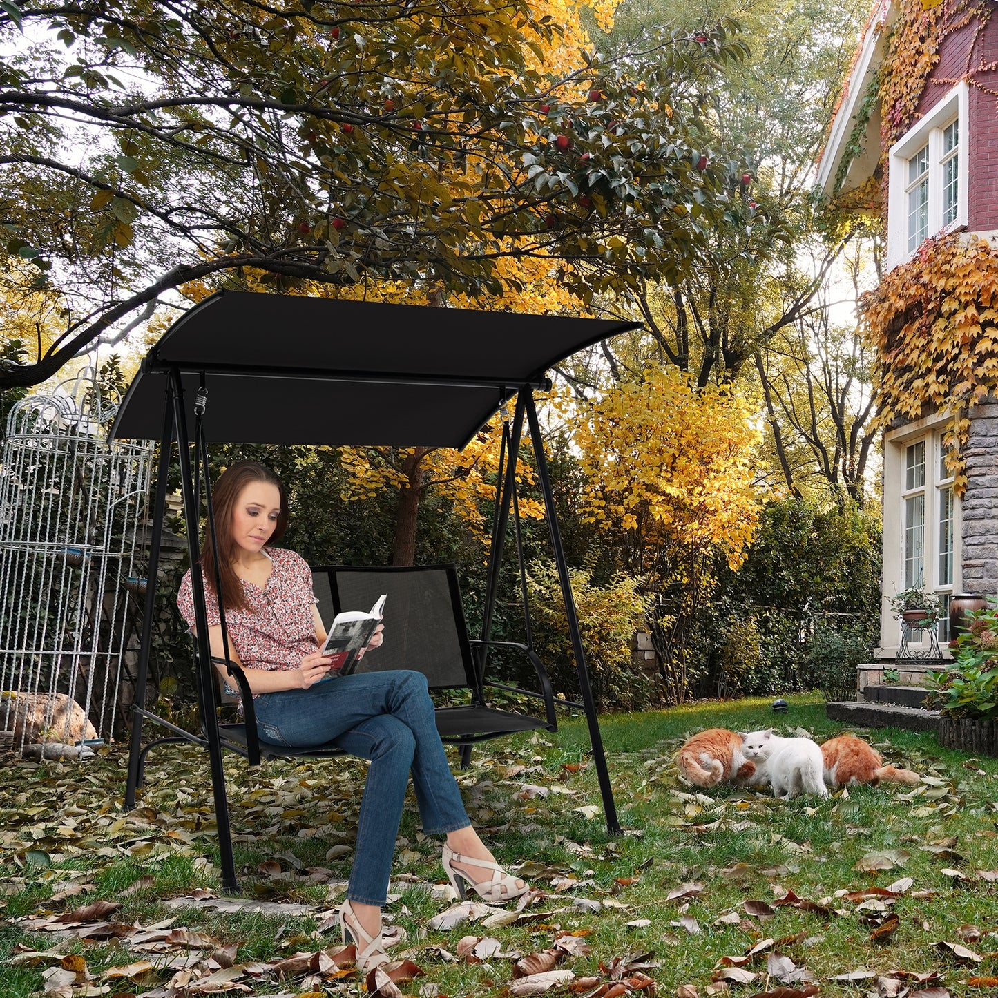 2-Seat Outdoor Canopy Swing with Comfortable Fabric Seat and Heavy-duty Metal Frame-Black Kids Crystal