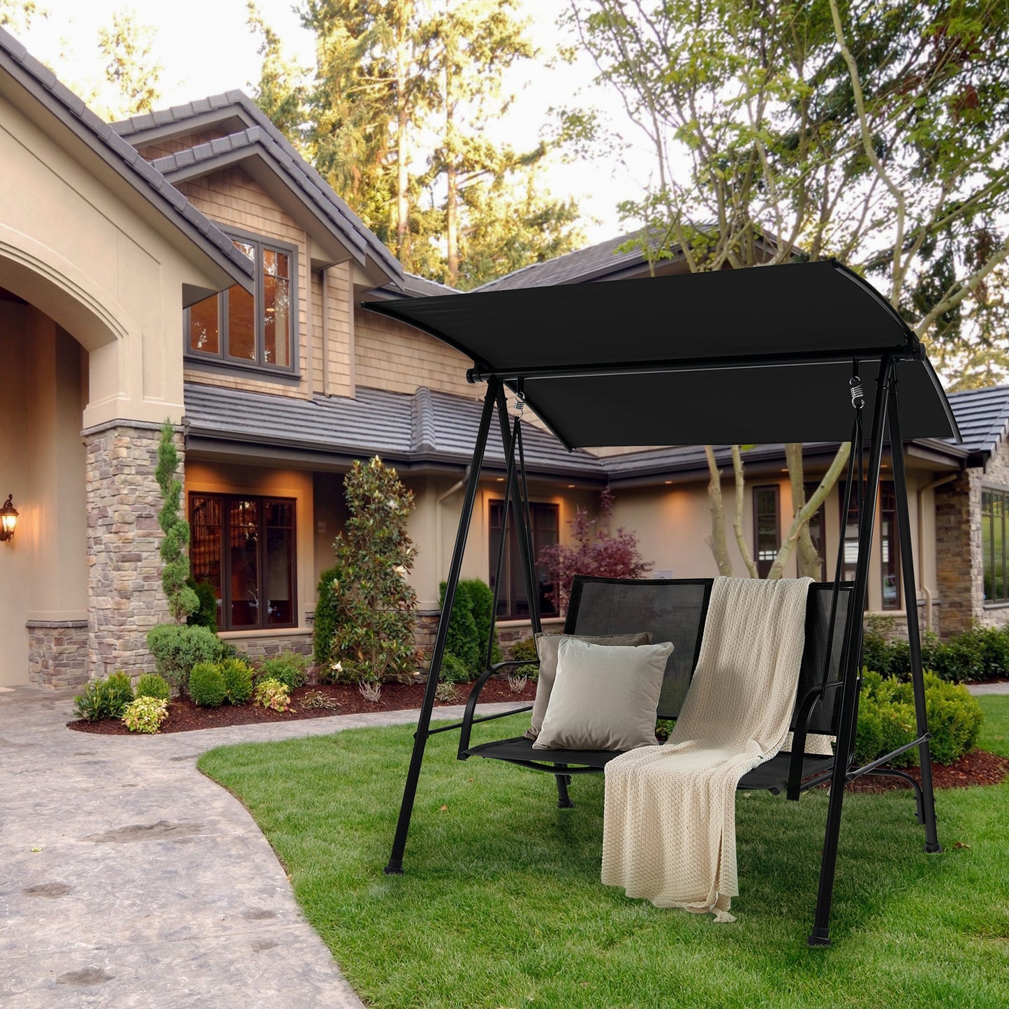 2-Seat Outdoor Canopy Swing with Comfortable Fabric Seat and Heavy-duty Metal Frame-Black Kids Crystal