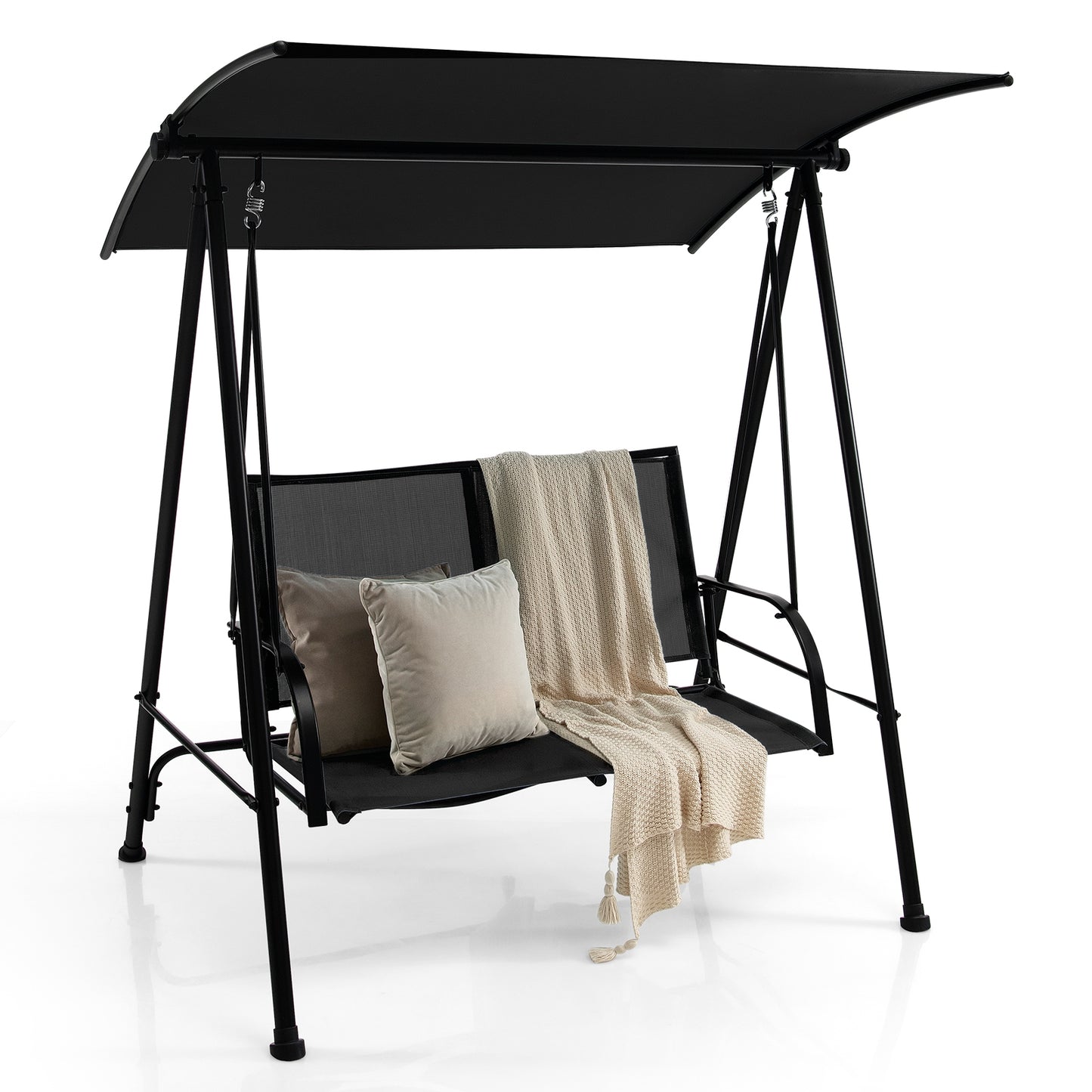 2-Seat Outdoor Canopy Swing with Comfortable Fabric Seat and Heavy-duty Metal Frame-Black Kids Crystal