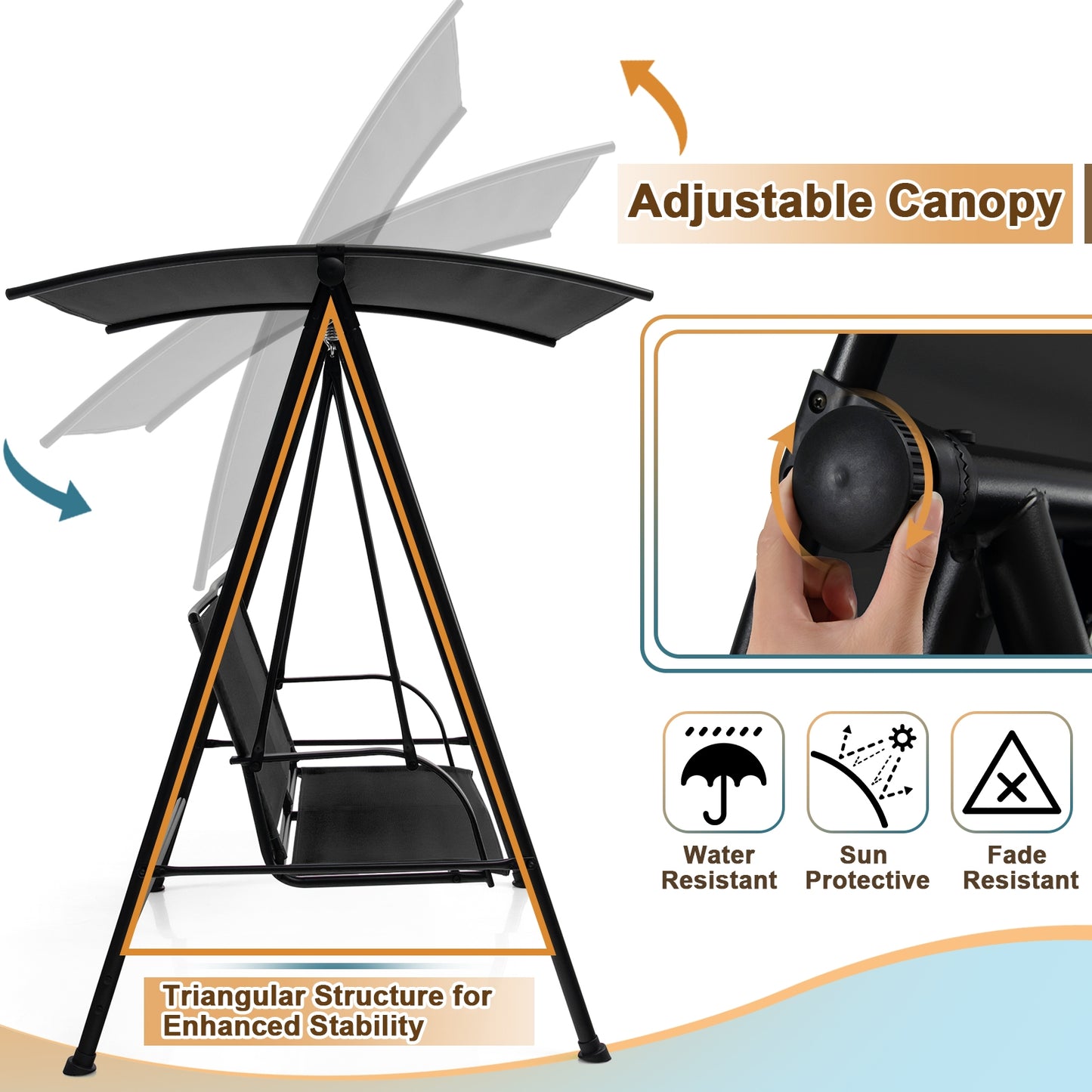 2-Seat Outdoor Canopy Swing with Comfortable Fabric Seat and Heavy-duty Metal Frame-Black Kids Crystal