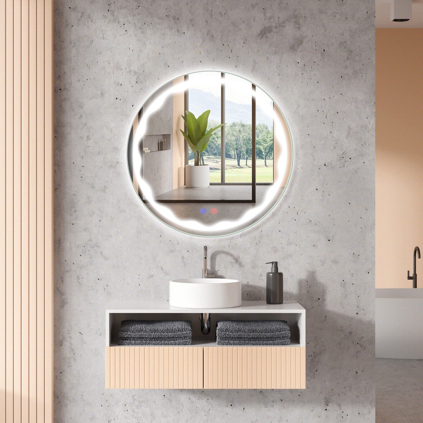 24 Inch Round Wall Mirror with 3-Color LED Lights and Smart Touch Button Kids Crystal