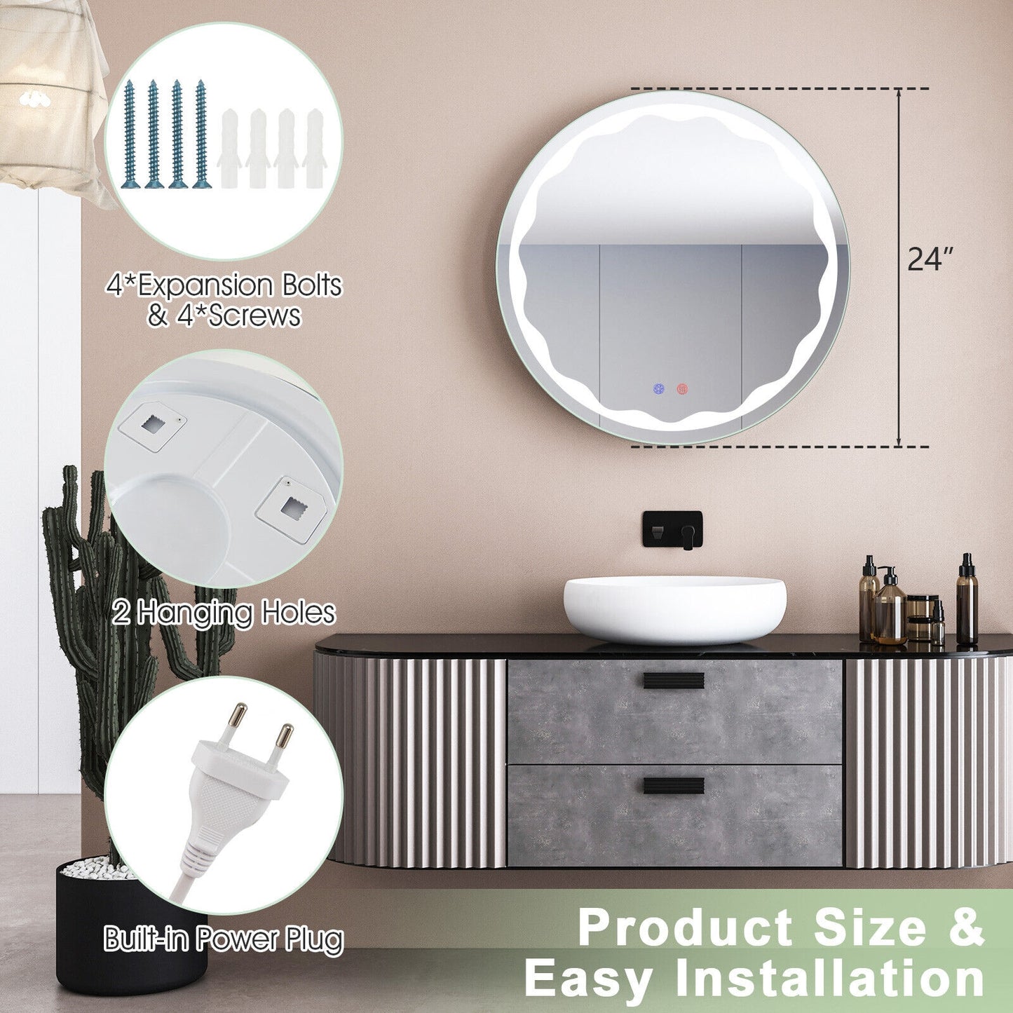24 Inch Round Wall Mirror with 3-Color LED Lights and Smart Touch Button Kids Crystal