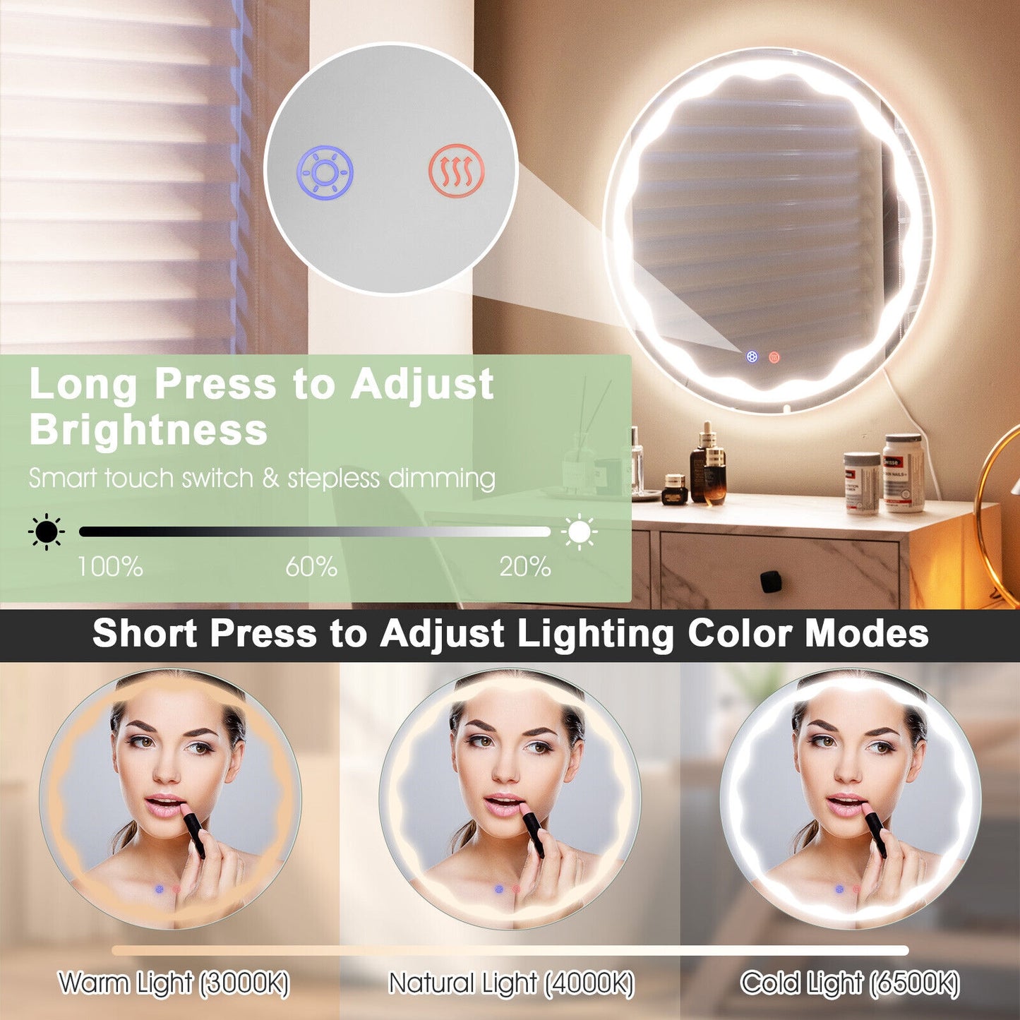 24 Inch Round Wall Mirror with 3-Color LED Lights and Smart Touch Button Kids Crystal