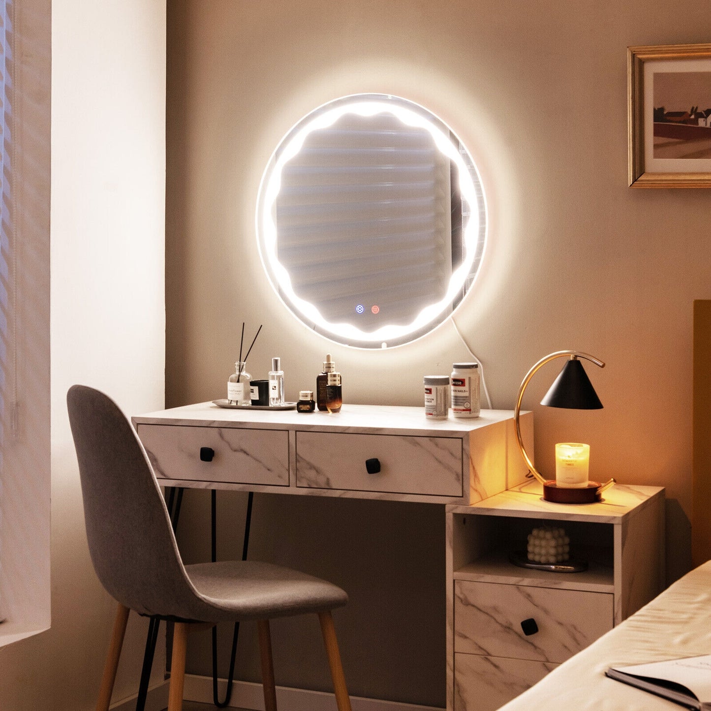 24 Inch Round Wall Mirror with 3-Color LED Lights and Smart Touch Button Kids Crystal