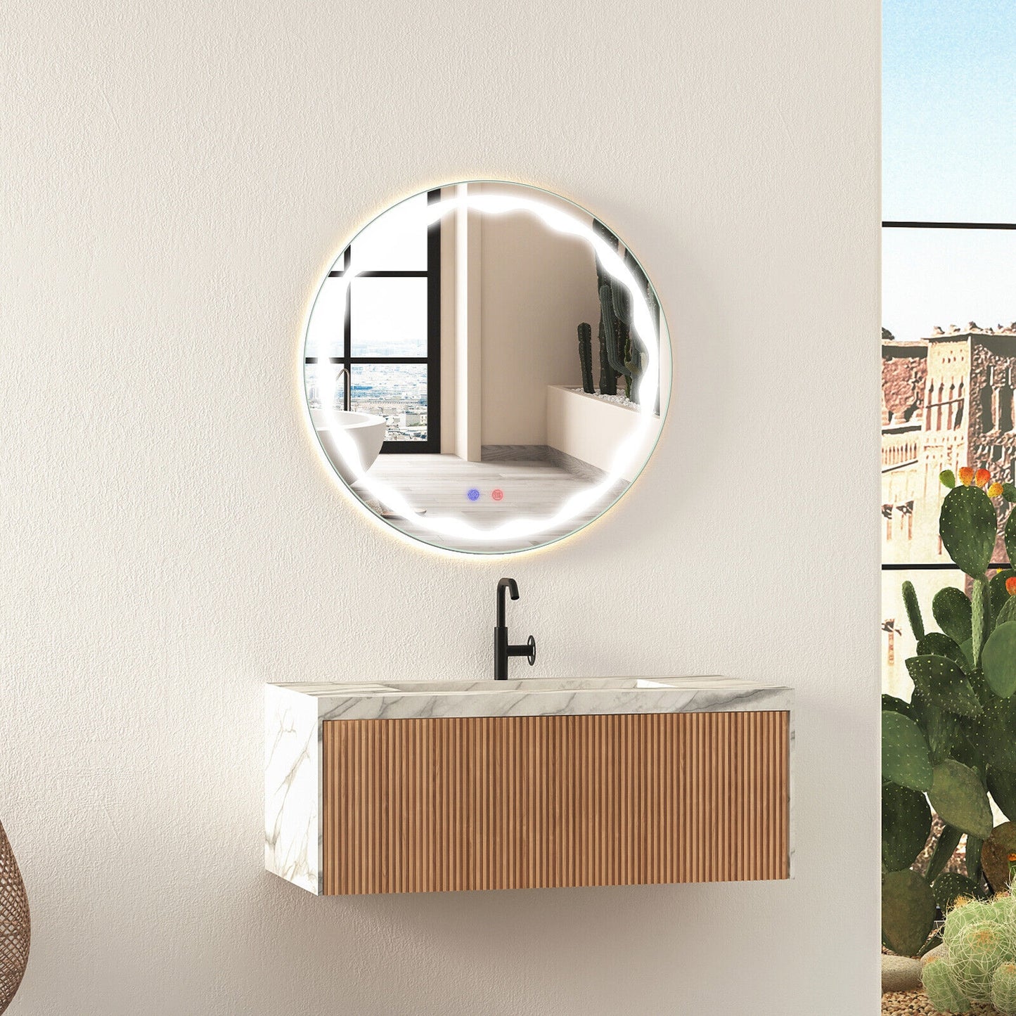 24 Inch Round Wall Mirror with 3-Color LED Lights and Smart Touch Button Kids Crystal