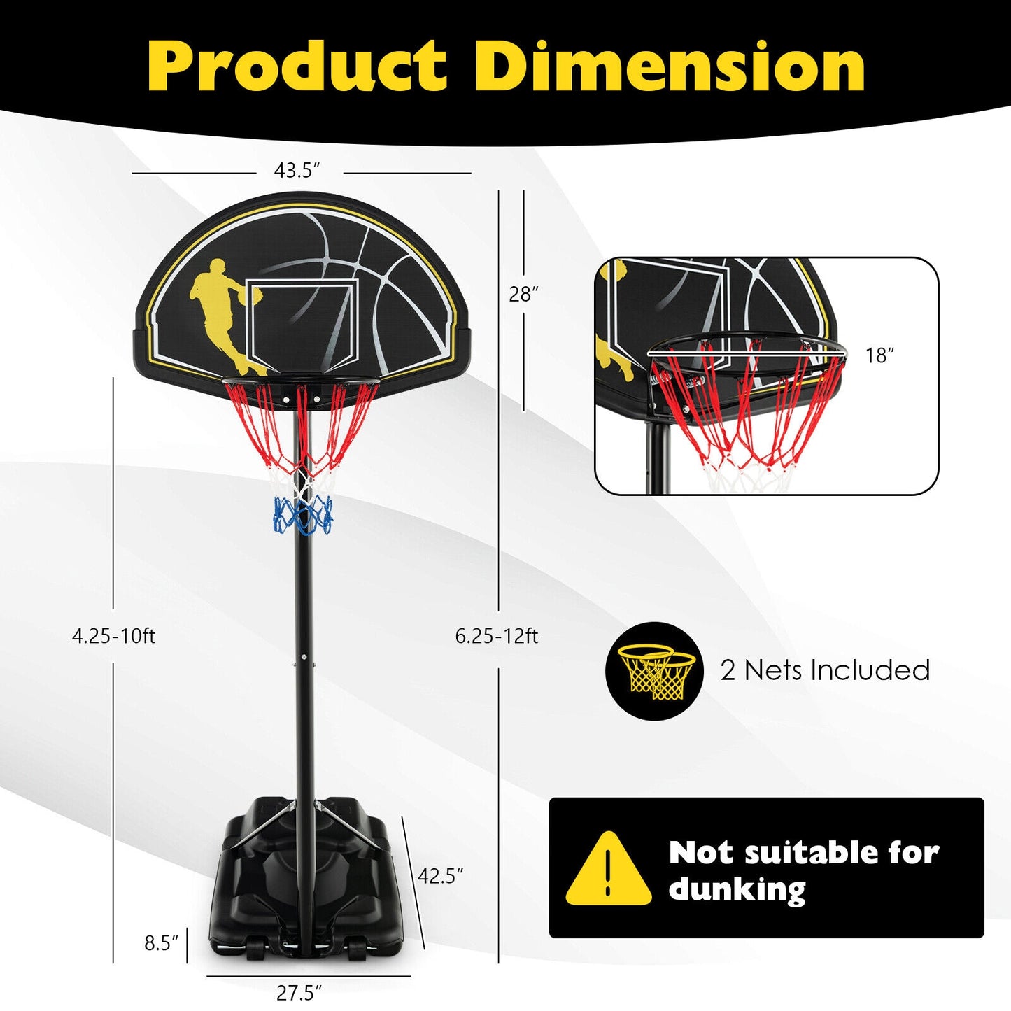4.25-10 Feet Portable Adjustable Basketball Goal Hoop System Kids Crystal