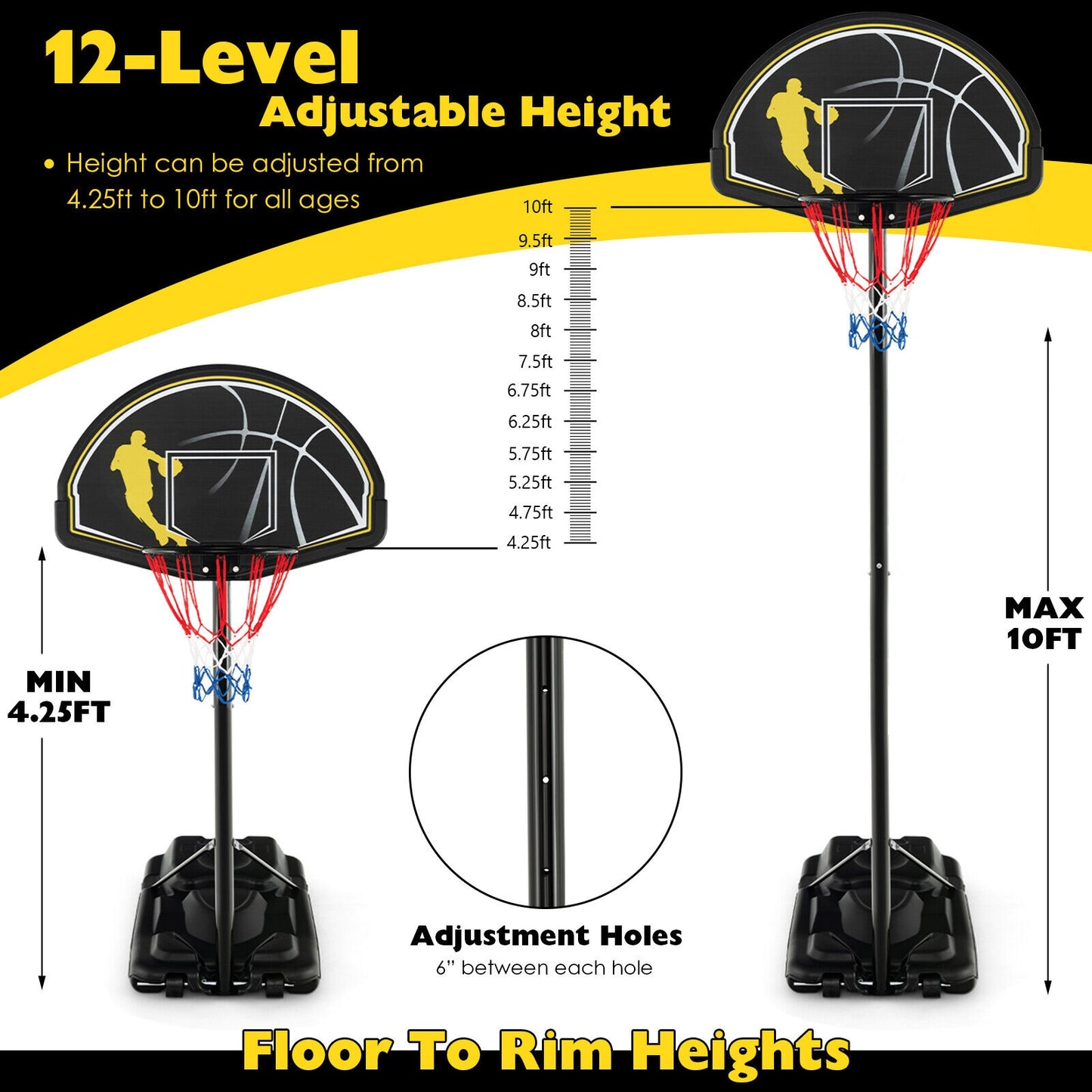 4.25-10 Feet Portable Adjustable Basketball Goal Hoop System Kids Crystal