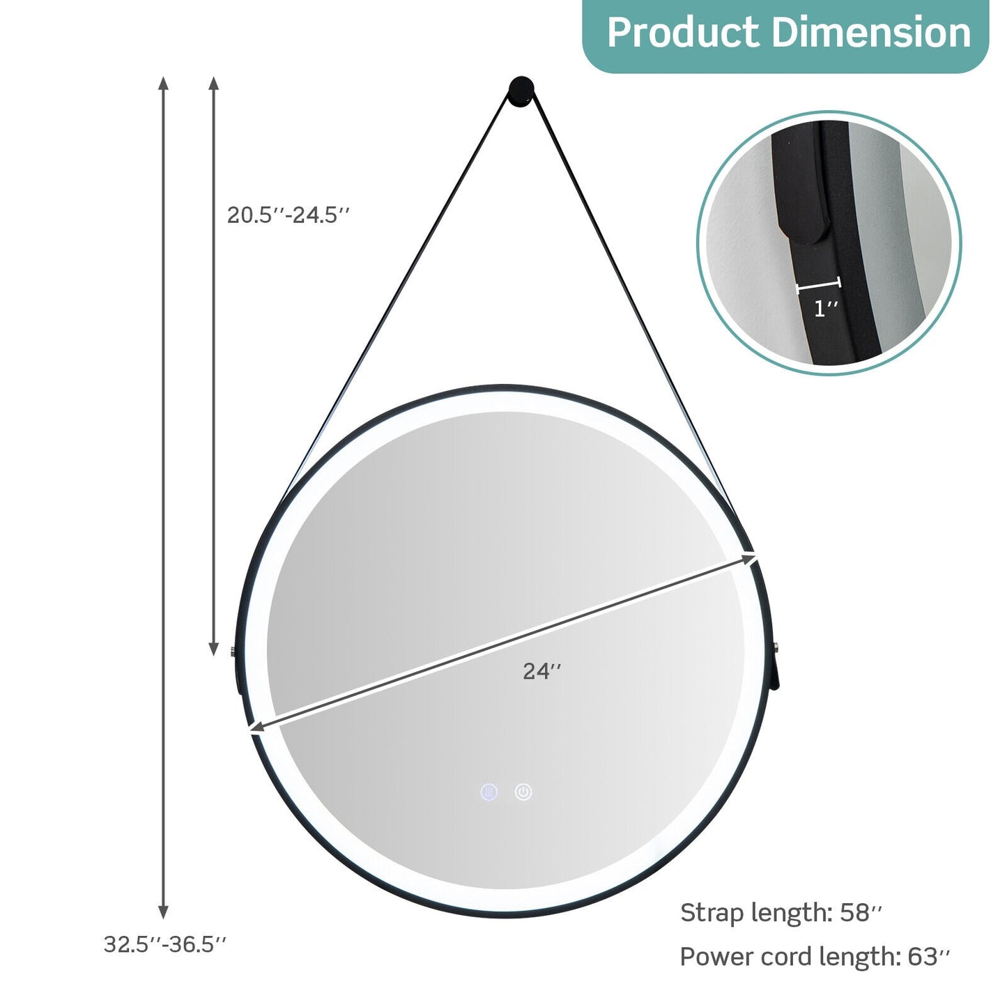 24 Inch Round Wall-mounted Mirror with 3 Color LED Lights and Anti-Fog Function Kids Crystal
