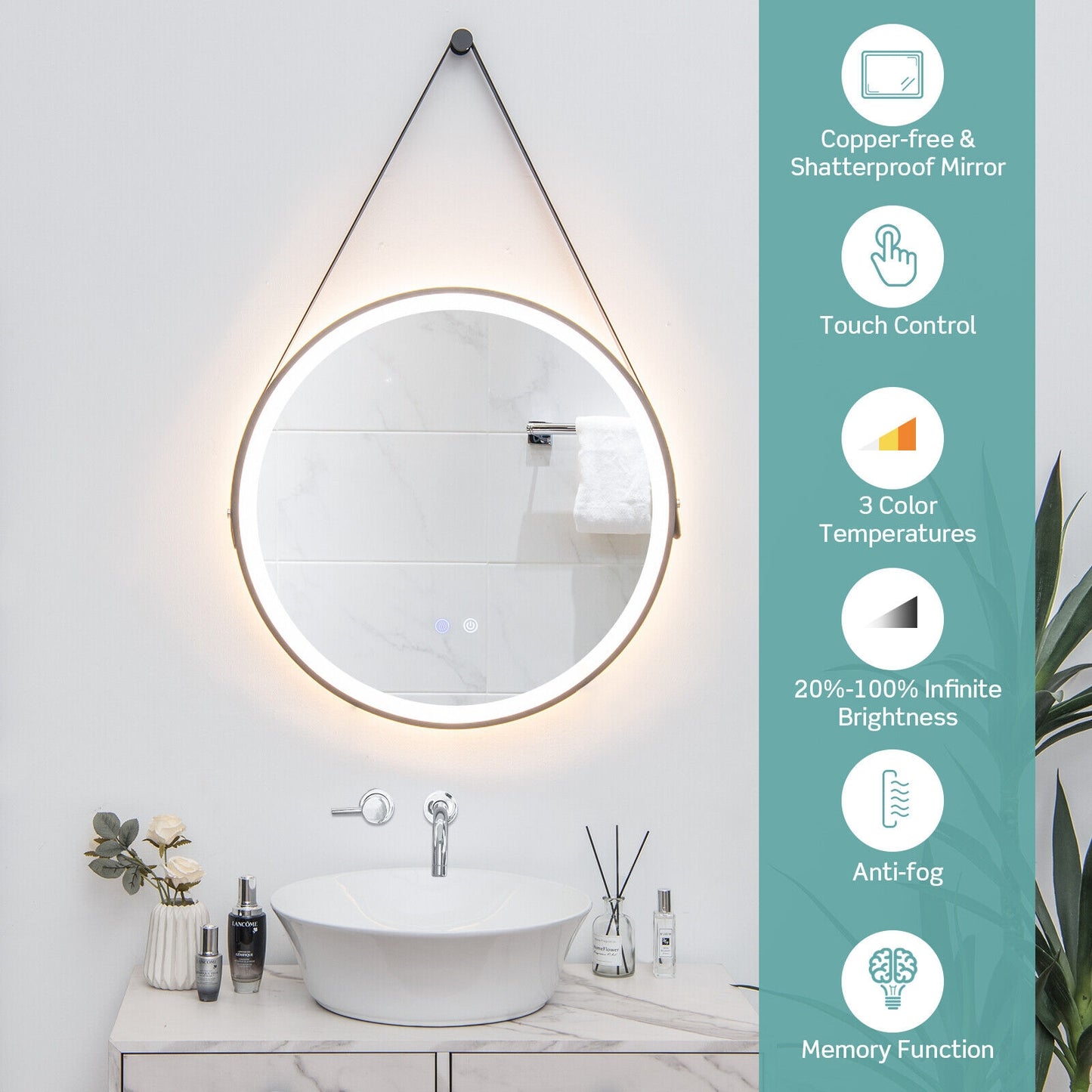 24 Inch Round Wall-mounted Mirror with 3 Color LED Lights and Anti-Fog Function Kids Crystal