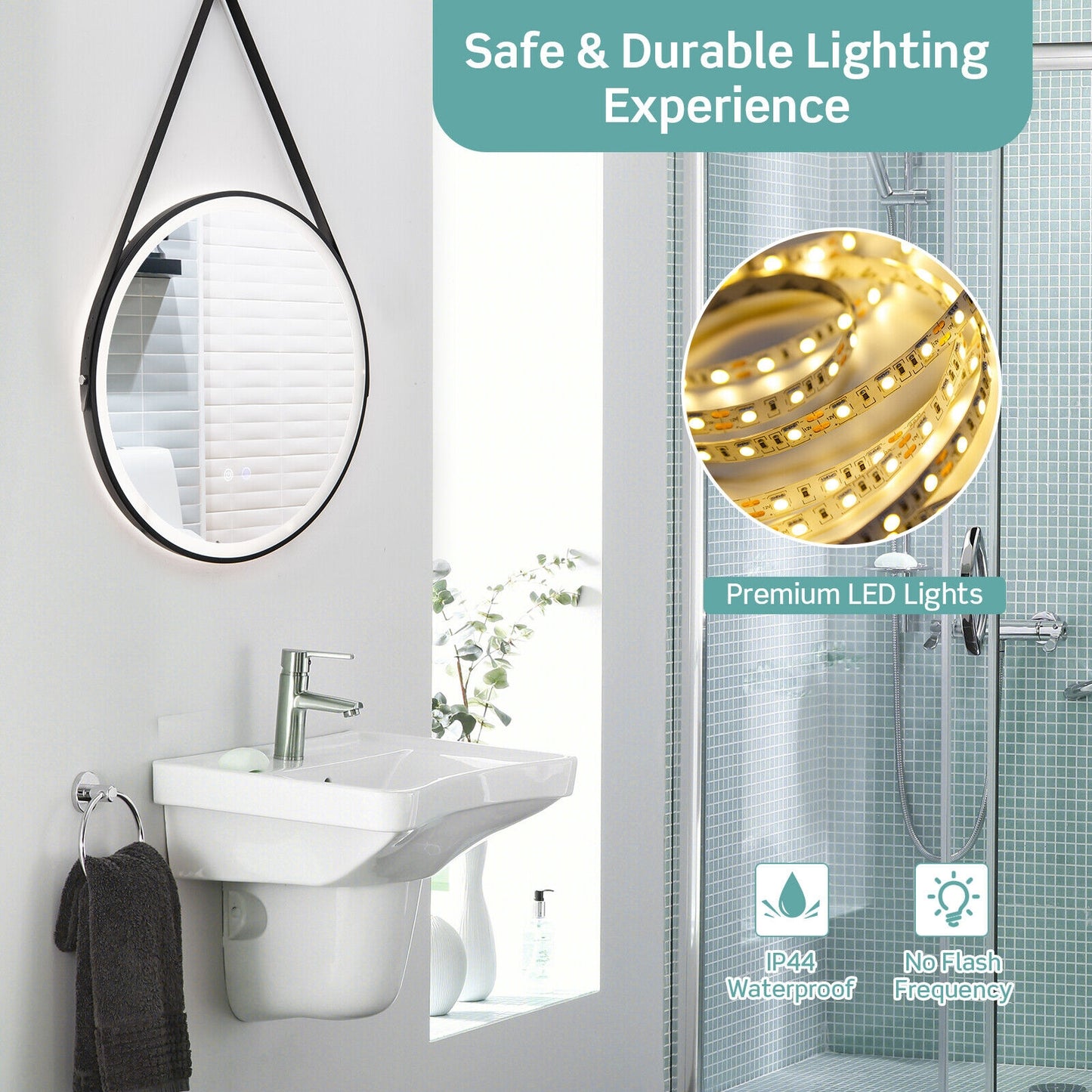 24 Inch Round Wall-mounted Mirror with 3 Color LED Lights and Anti-Fog Function Kids Crystal