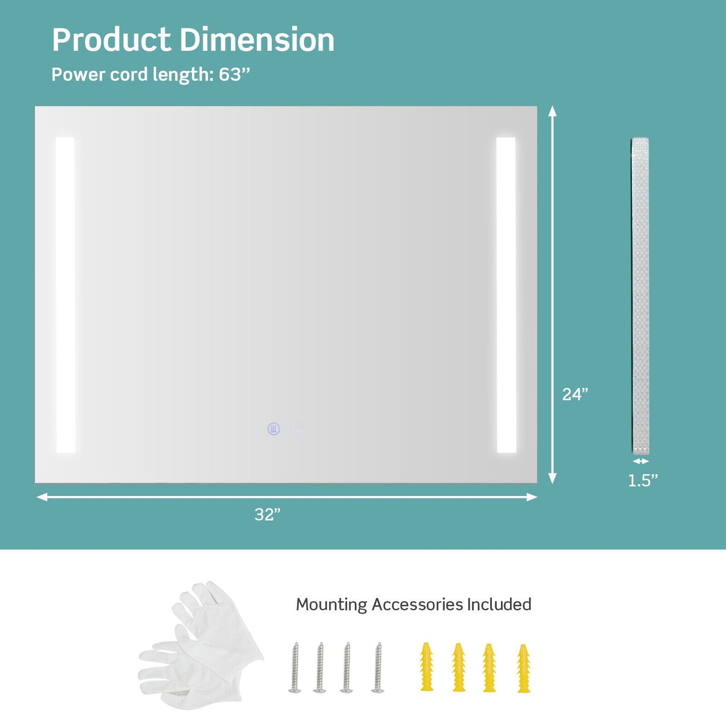 32 x 24 Inch Quadrate Wall Mirror with 3-Color Lights and Anti-Fog Function Kids Crystal
