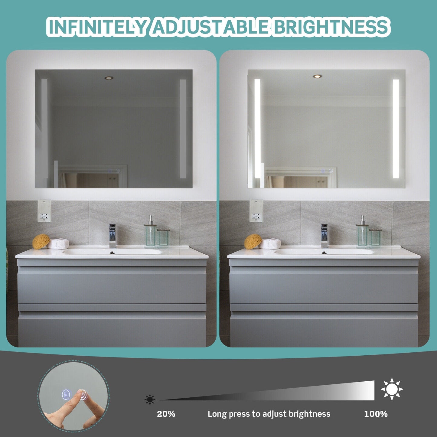 32 x 24 Inch Quadrate Wall Mirror with 3-Color Lights and Anti-Fog Function Kids Crystal
