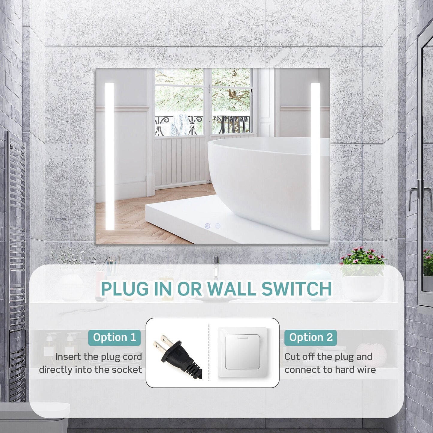 32 x 24 Inch Quadrate Wall Mirror with 3-Color Lights and Anti-Fog Function Kids Crystal