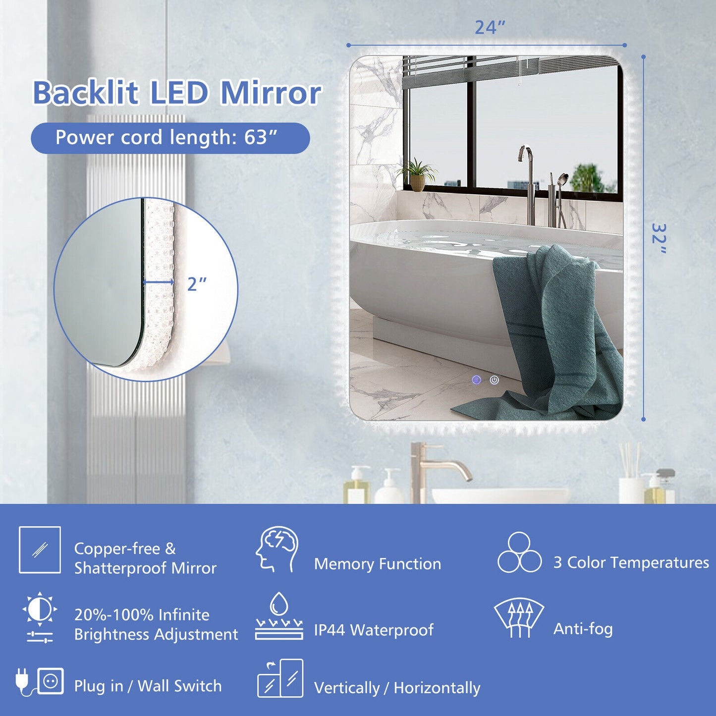 32 x 24 Inch Shatterproof Wall Mirror with 3-Color Lights and Anti-Fog Function Kids Crystal