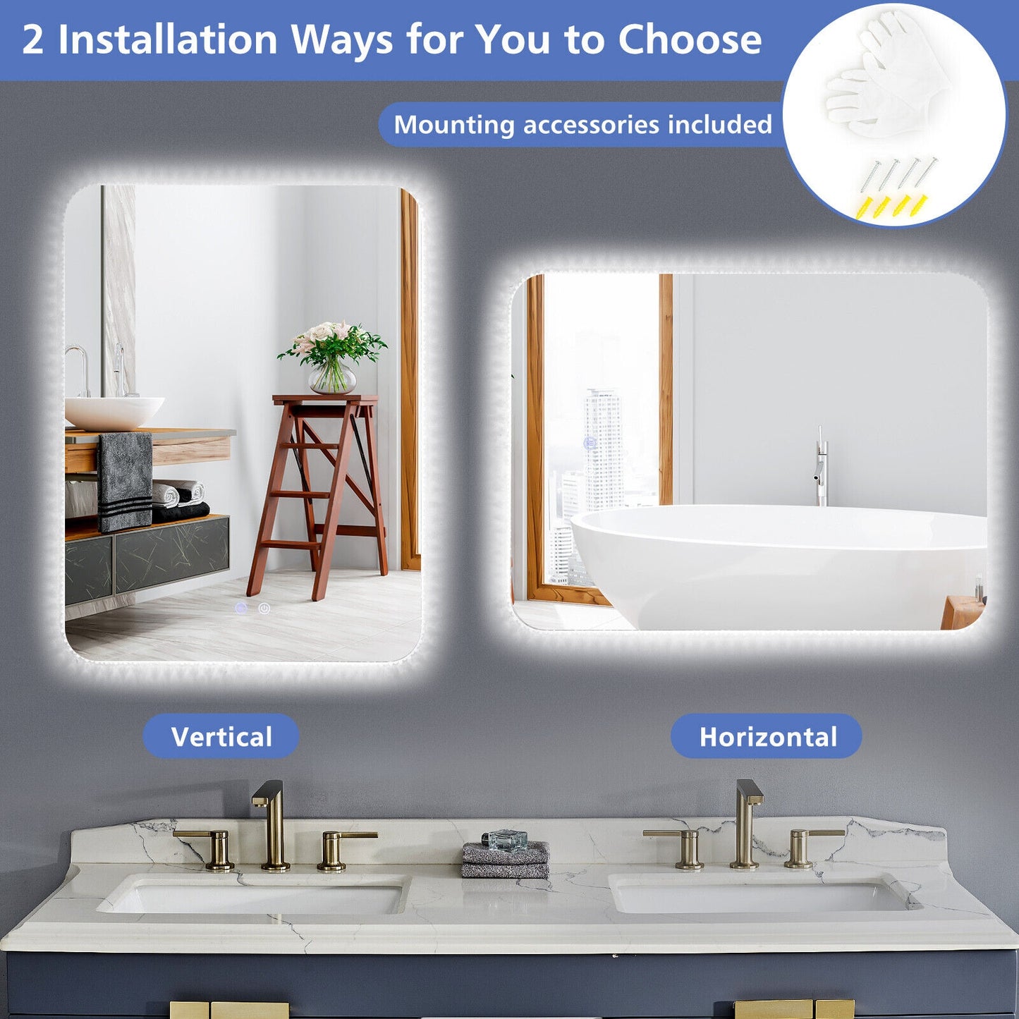 32 x 24 Inch Shatterproof Wall Mirror with 3-Color Lights and Anti-Fog Function Kids Crystal