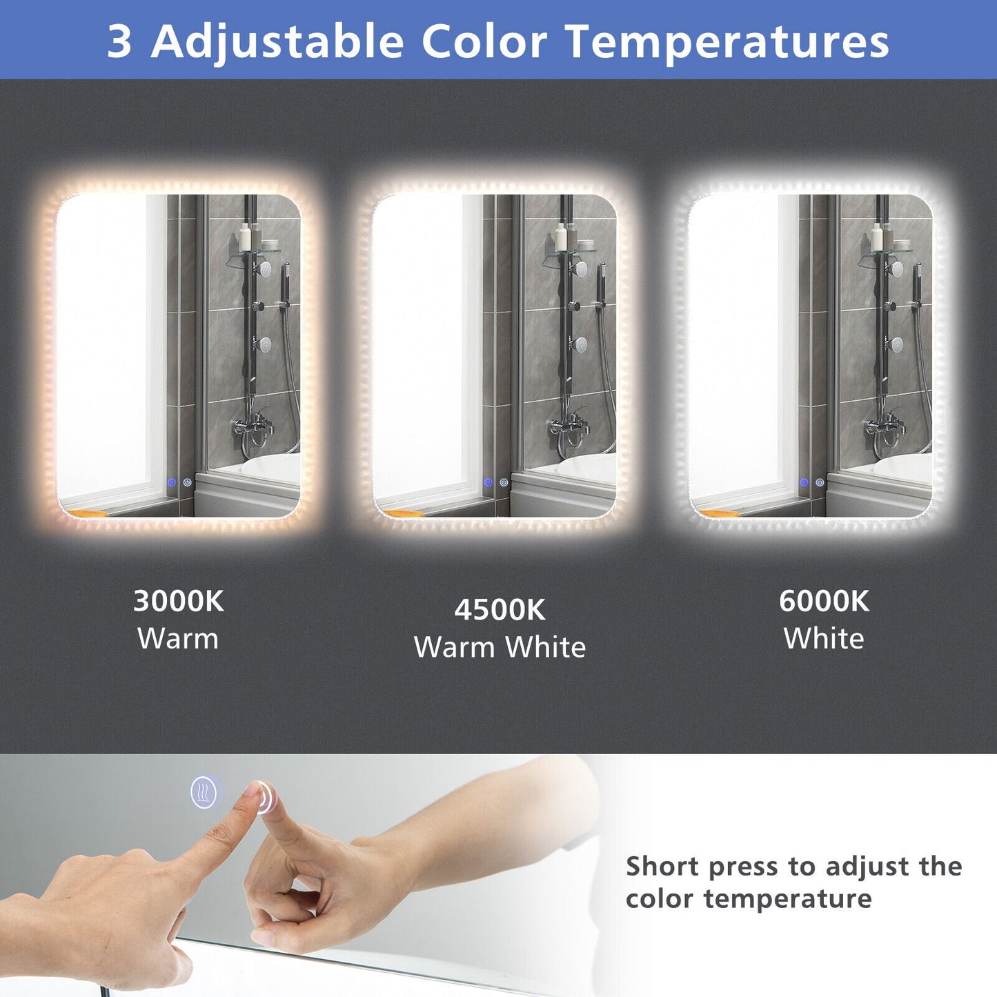 32 x 24 Inch Shatterproof Wall Mirror with 3-Color Lights and Anti-Fog Function Kids Crystal