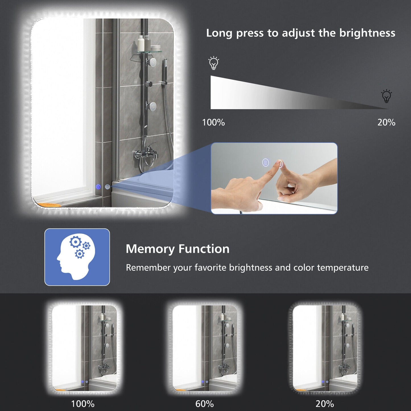 32 x 24 Inch Shatterproof Wall Mirror with 3-Color Lights and Anti-Fog Function Kids Crystal