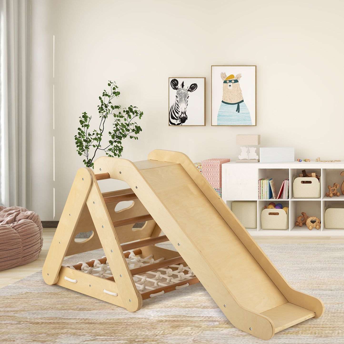 4 in 1 Triangle Climber Toy with Sliding Board and Climbing Net-Natural Kids Crystal