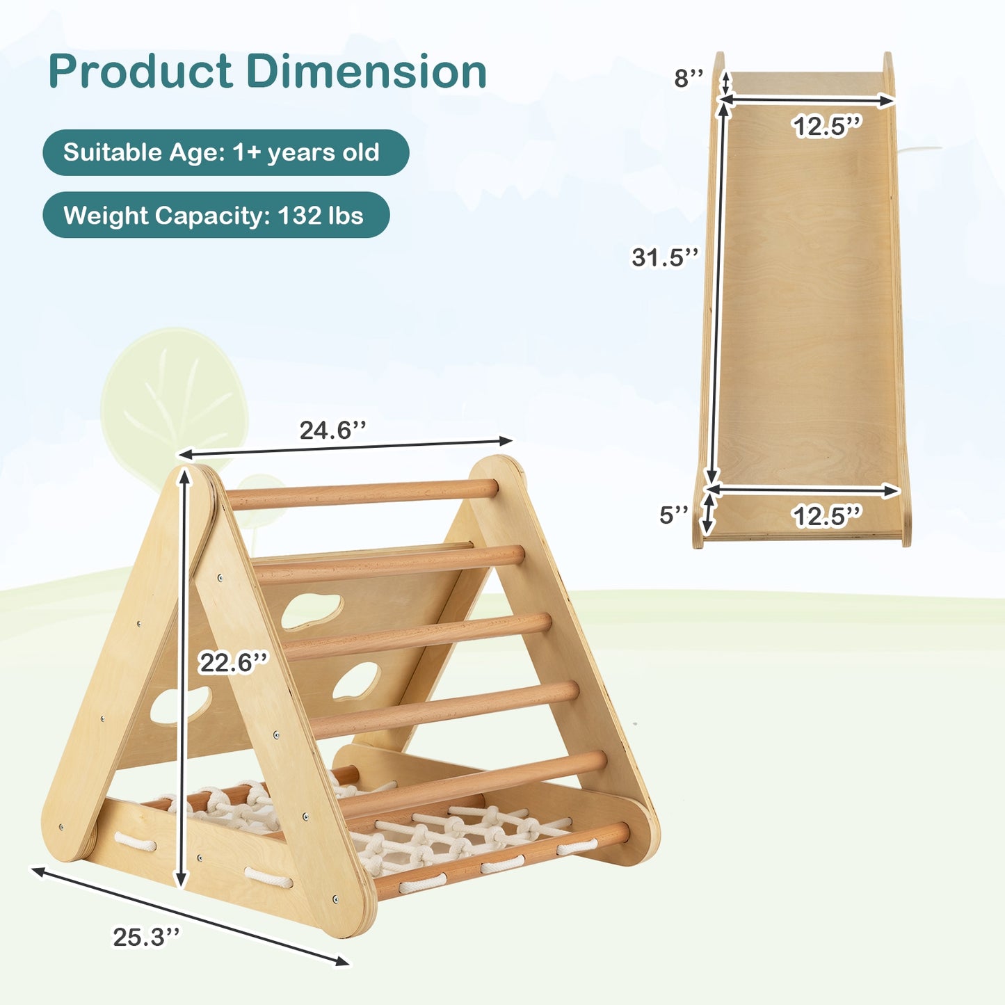 4 in 1 Triangle Climber Toy with Sliding Board and Climbing Net-Natural Kids Crystal