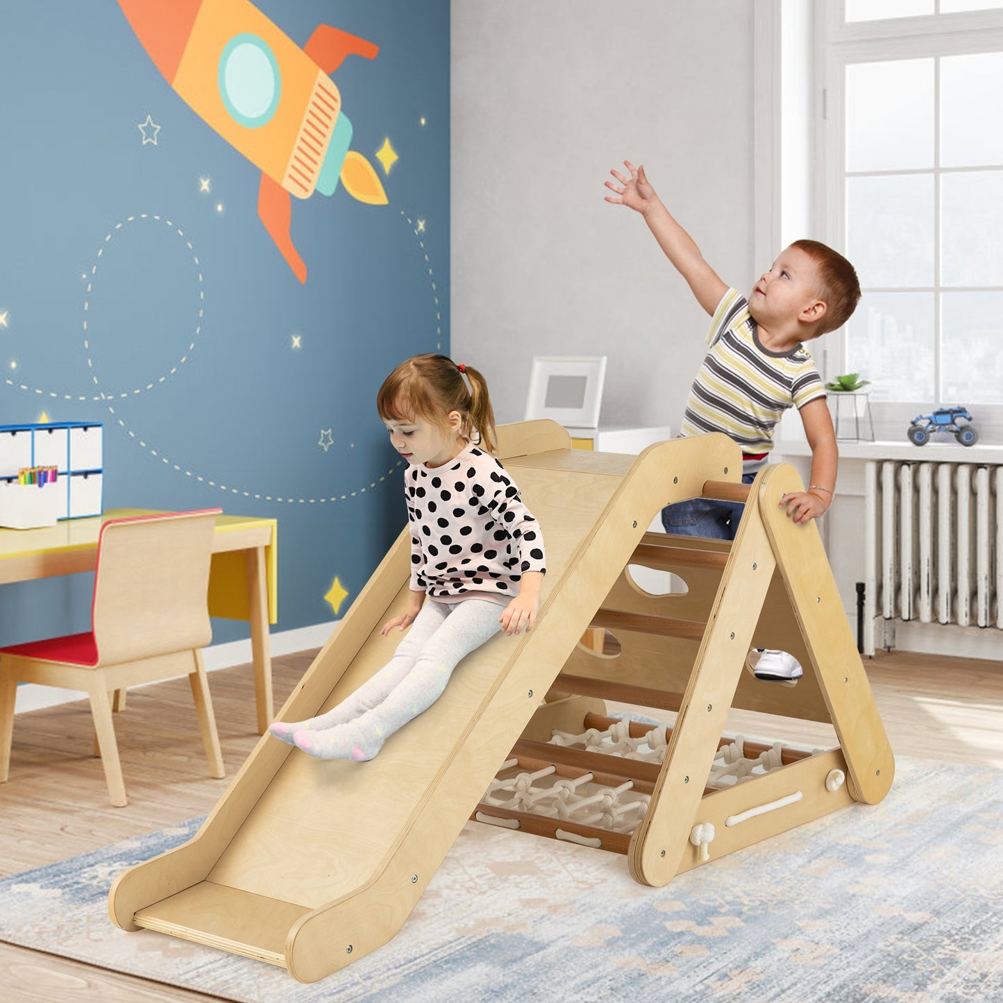 4 in 1 Triangle Climber Toy with Sliding Board and Climbing Net-Natural Kids Crystal