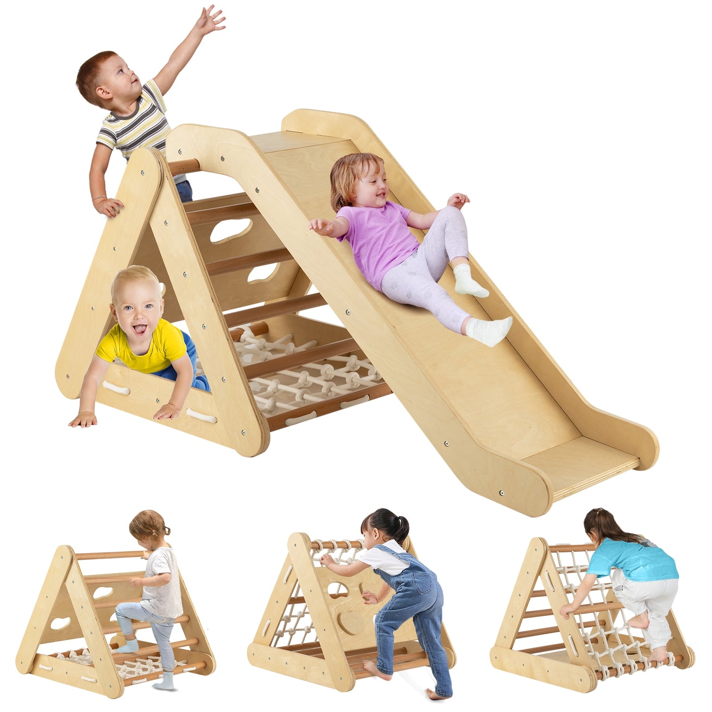 4 in 1 Triangle Climber Toy with Sliding Board and Climbing Net-Natural Kids Crystal