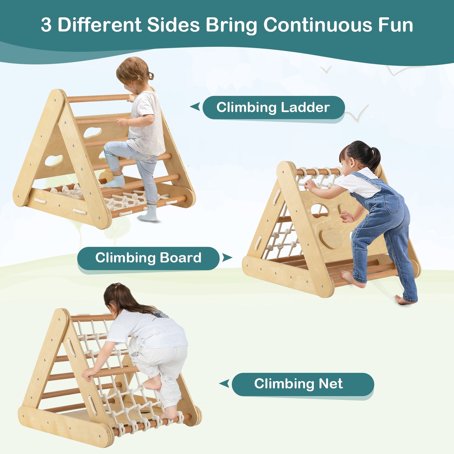 4 in 1 Triangle Climber Toy with Sliding Board and Climbing Net-Natural Kids Crystal