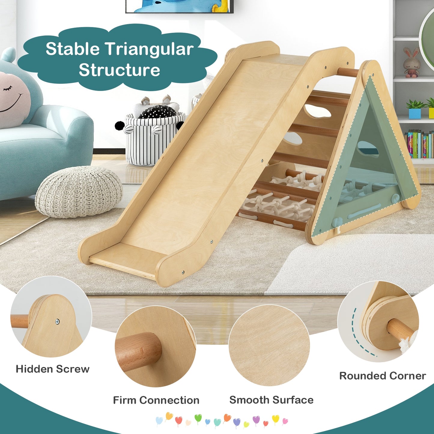 4 in 1 Triangle Climber Toy with Sliding Board and Climbing Net-Natural Kids Crystal