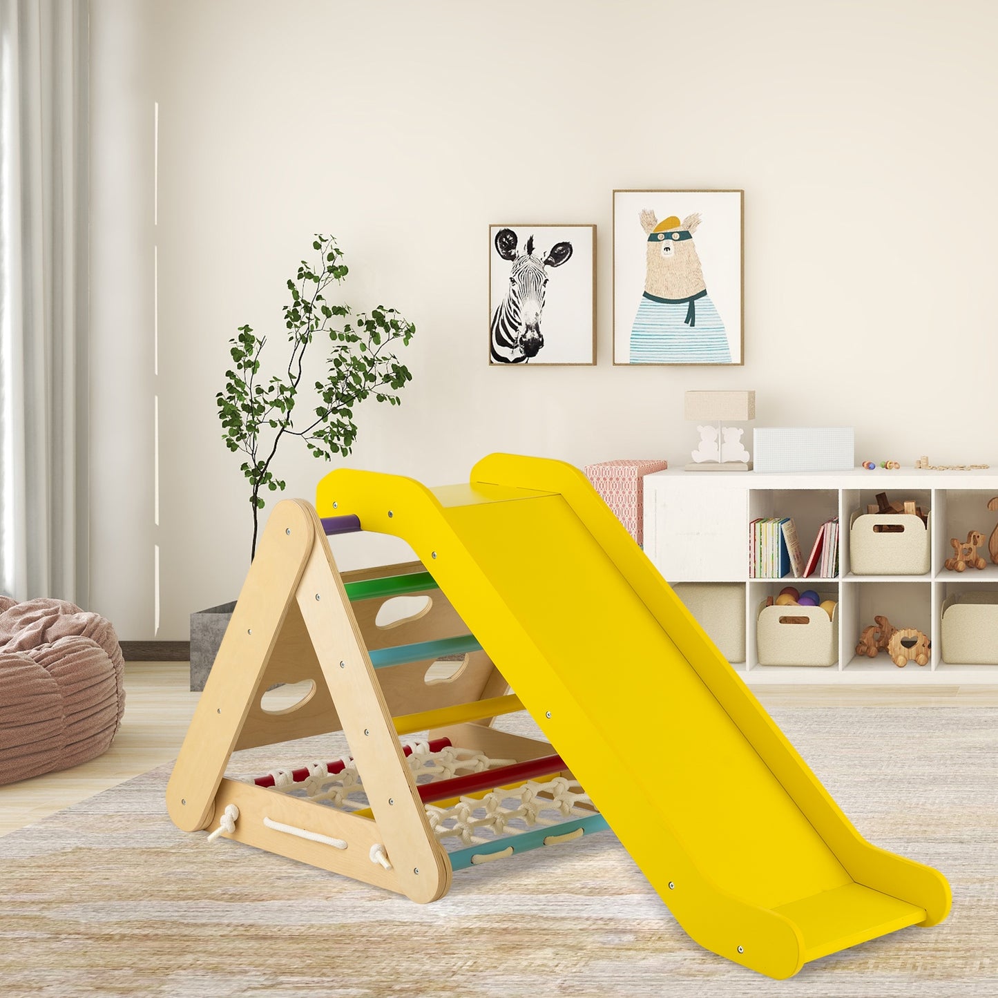 4 in 1 Triangle Climber Toy with Sliding Board and Climbing Net-Multicolor Kids Crystal