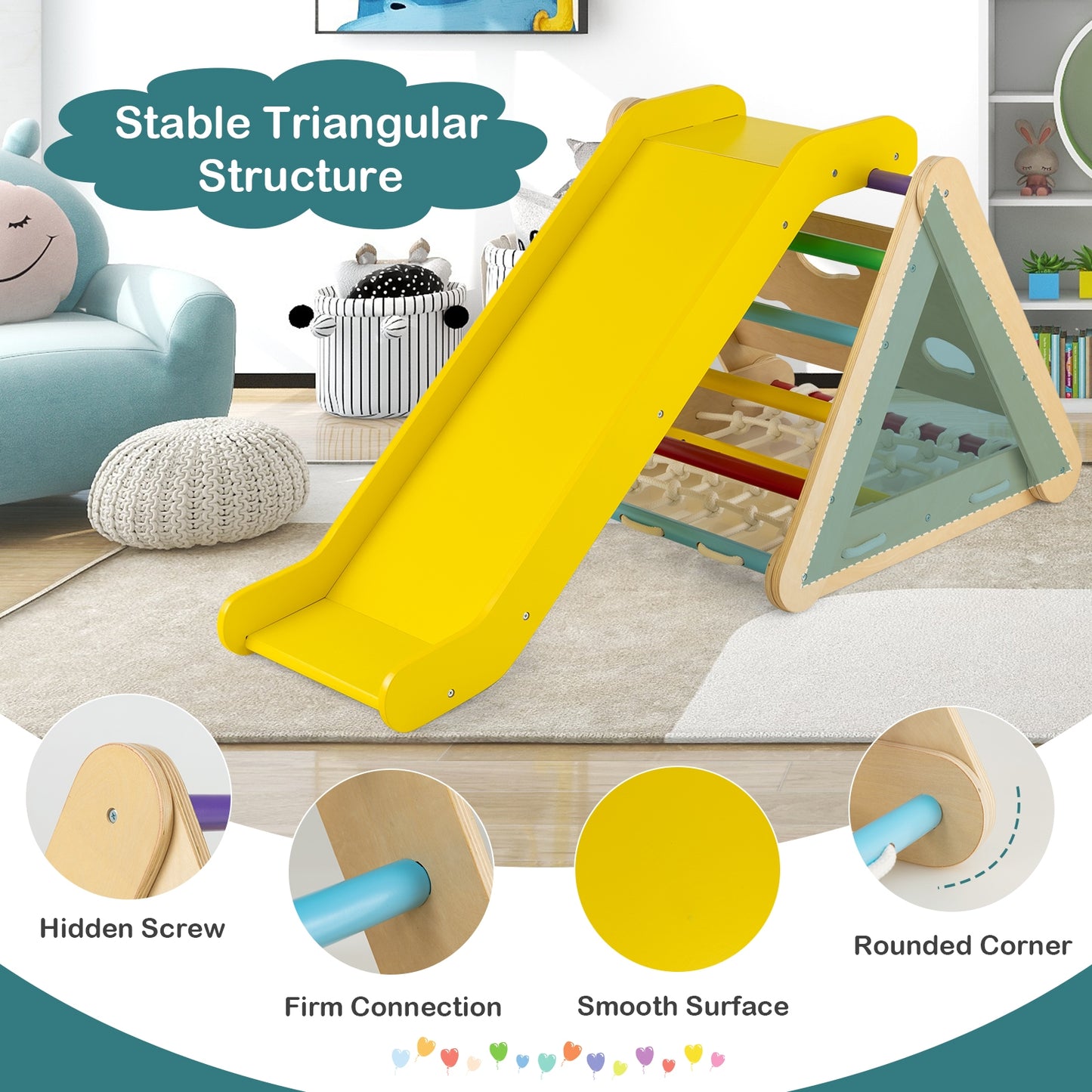 4 in 1 Triangle Climber Toy with Sliding Board and Climbing Net-Multicolor Kids Crystal