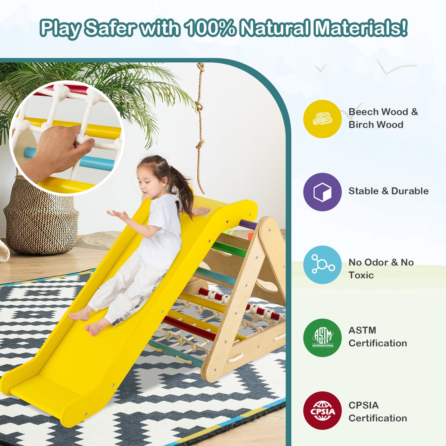 4 in 1 Triangle Climber Toy with Sliding Board and Climbing Net-Multicolor Kids Crystal