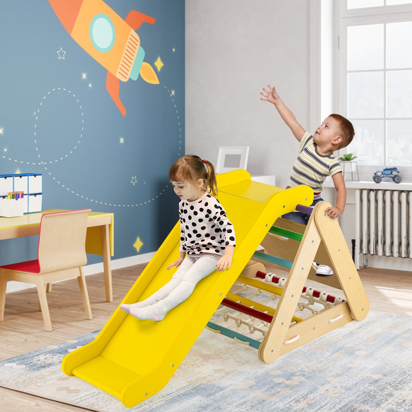 4 in 1 Triangle Climber Toy with Sliding Board and Climbing Net-Multicolor Kids Crystal